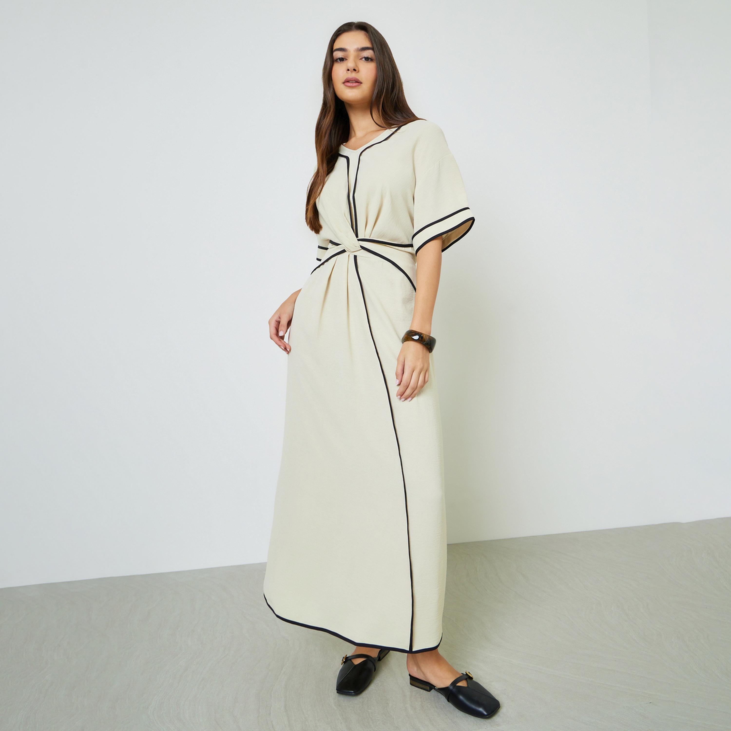 Take Two Beige Contrast Trims Gathered Waist A-Line Maxi Dress-women-clothing-dresses-image-1