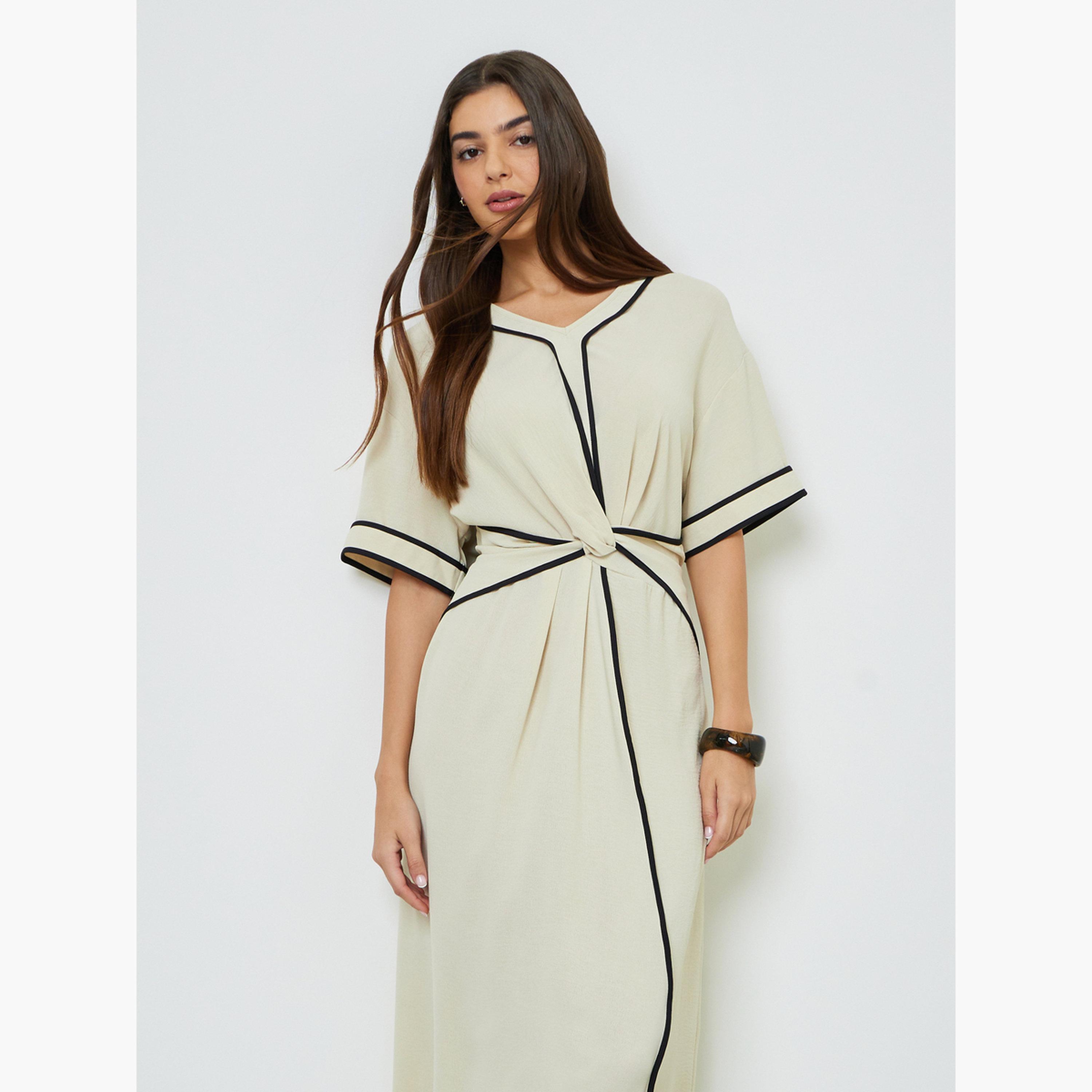 Take Two Beige Contrast Trims Gathered Waist A-Line Maxi Dress-women-clothing-dresses-image-3