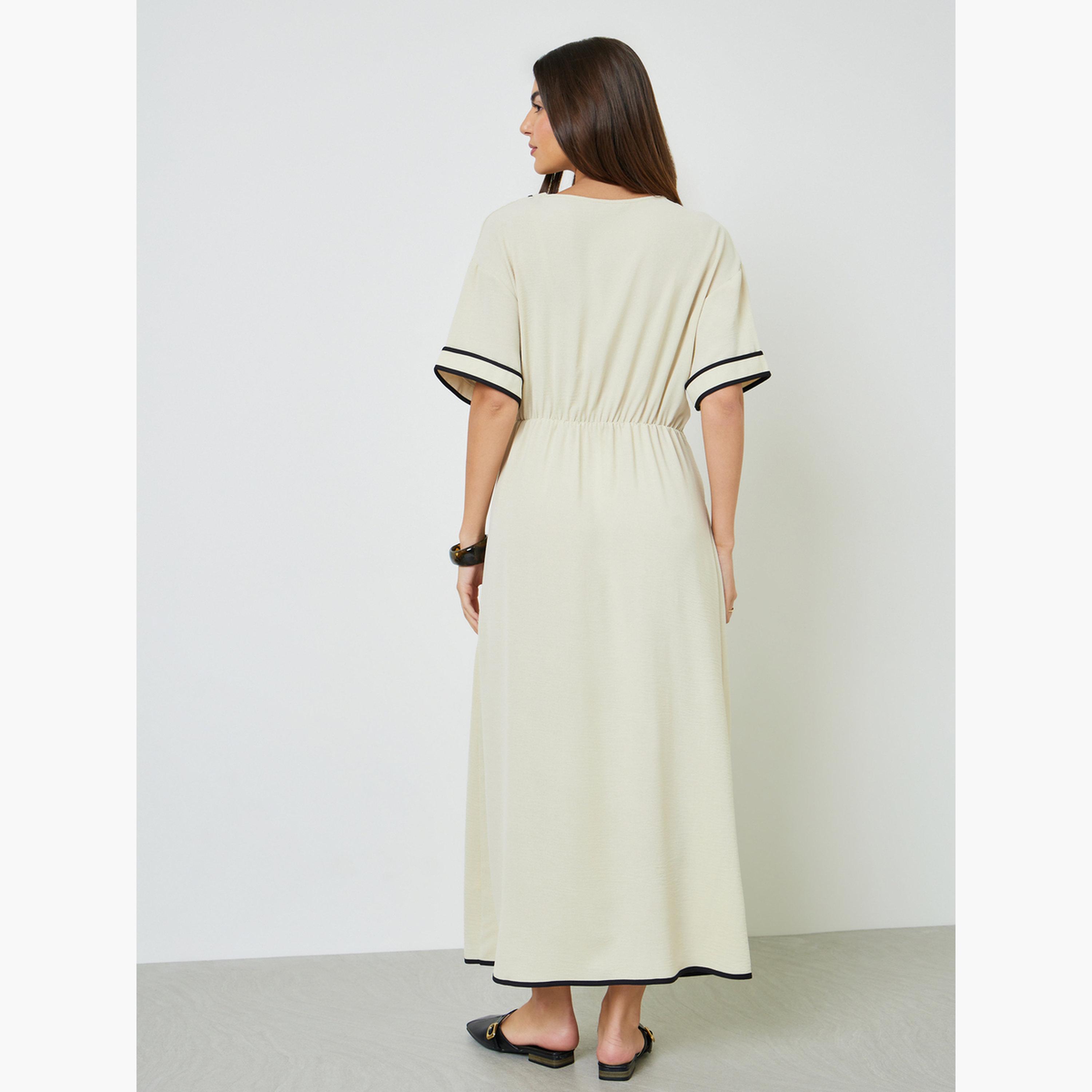 Take Two Beige Contrast Trims Gathered Waist A-Line Maxi Dress-women-clothing-dresses-image-4