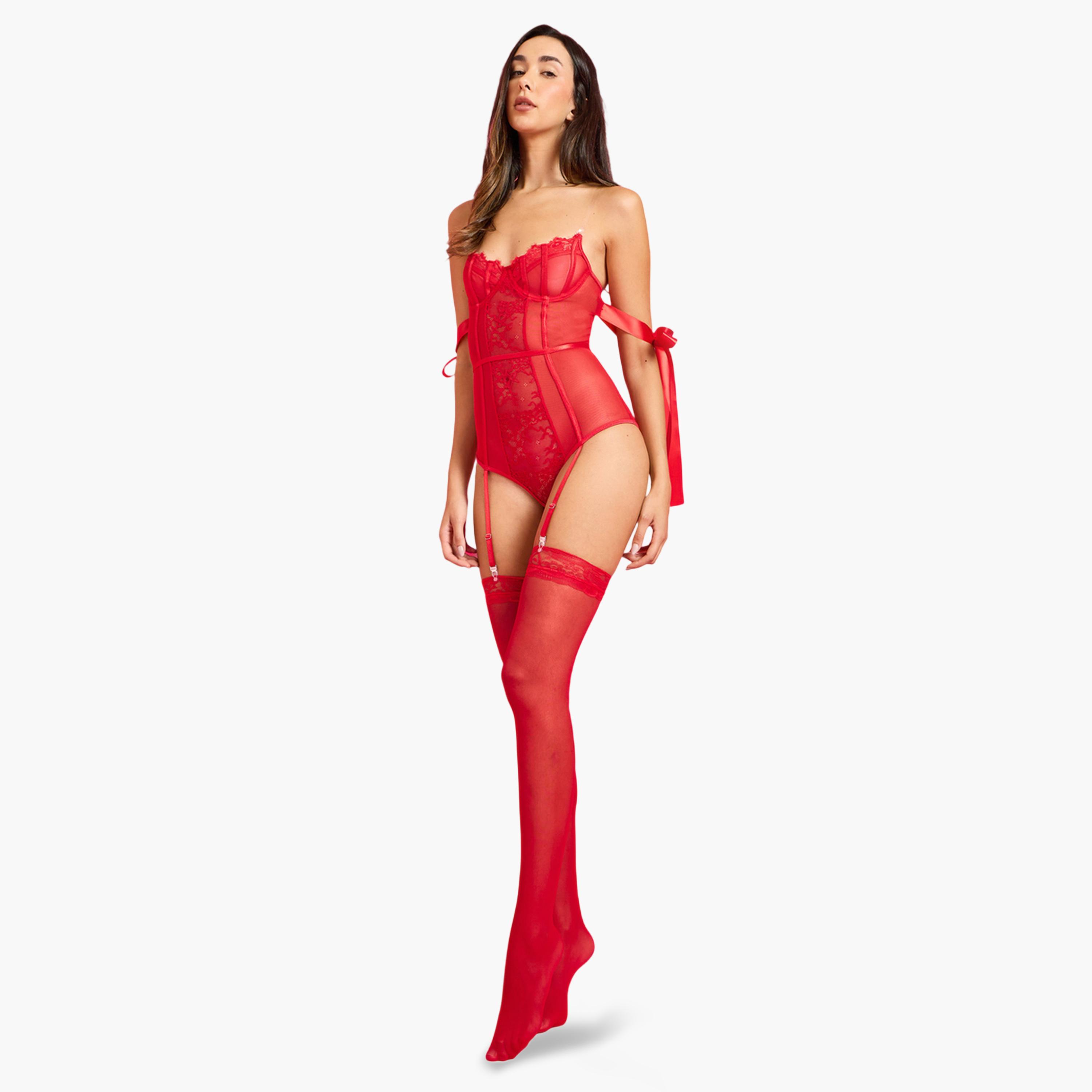 Styli Red Strapless Underwired Non Padded Corset Shape Bodysuit wit Stockings Set-women-clothing-lingerie-babydollsandbodysuits-image-1