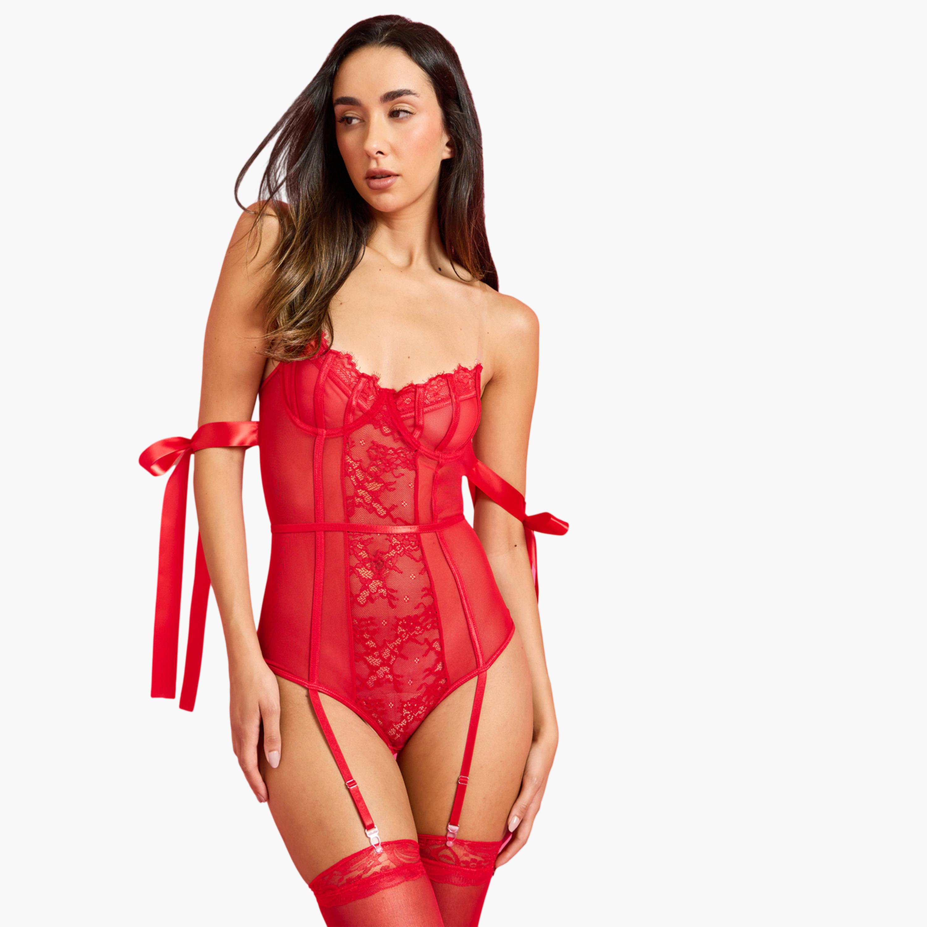 Styli Red Strapless Underwired Non Padded Corset Shape Bodysuit wit Stockings Set-women-clothing-lingerie-babydollsandbodysuits-image-2