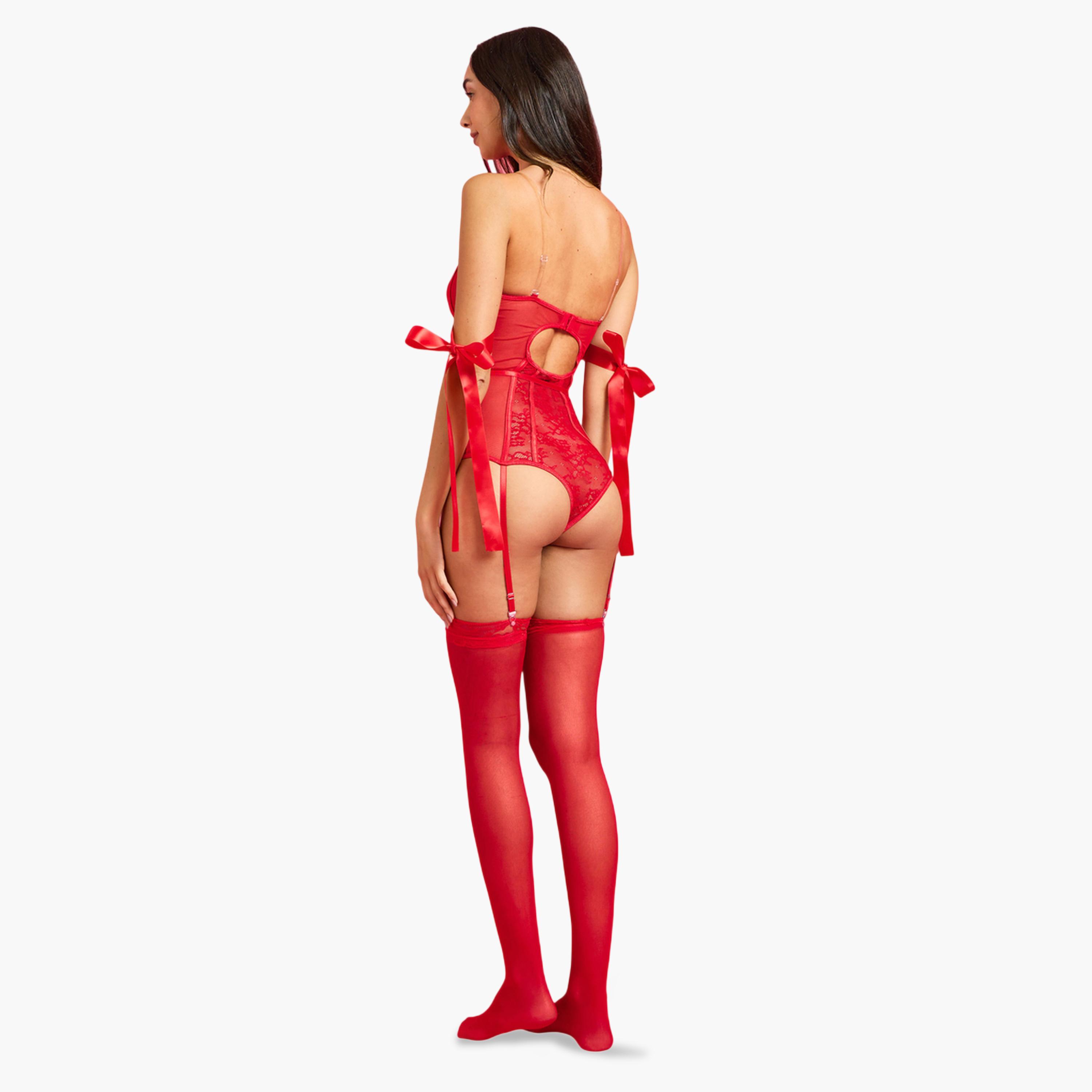 Styli Red Strapless Underwired Non Padded Corset Shape Bodysuit wit Stockings Set-women-clothing-lingerie-babydollsandbodysuits-image-3
