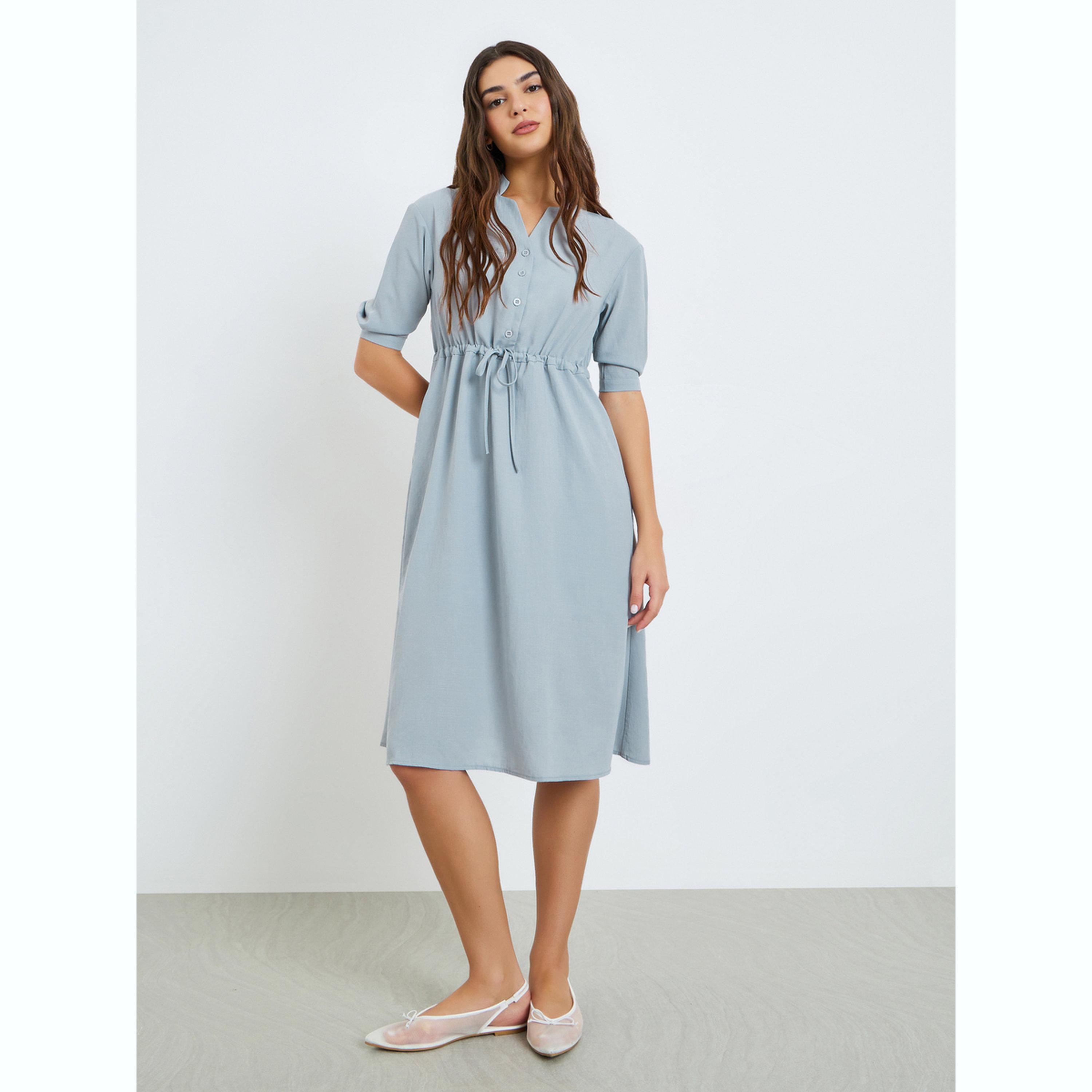 فستان ميدي كاجوال برباط خصر رمادي-women-clothing-dresses-image-1