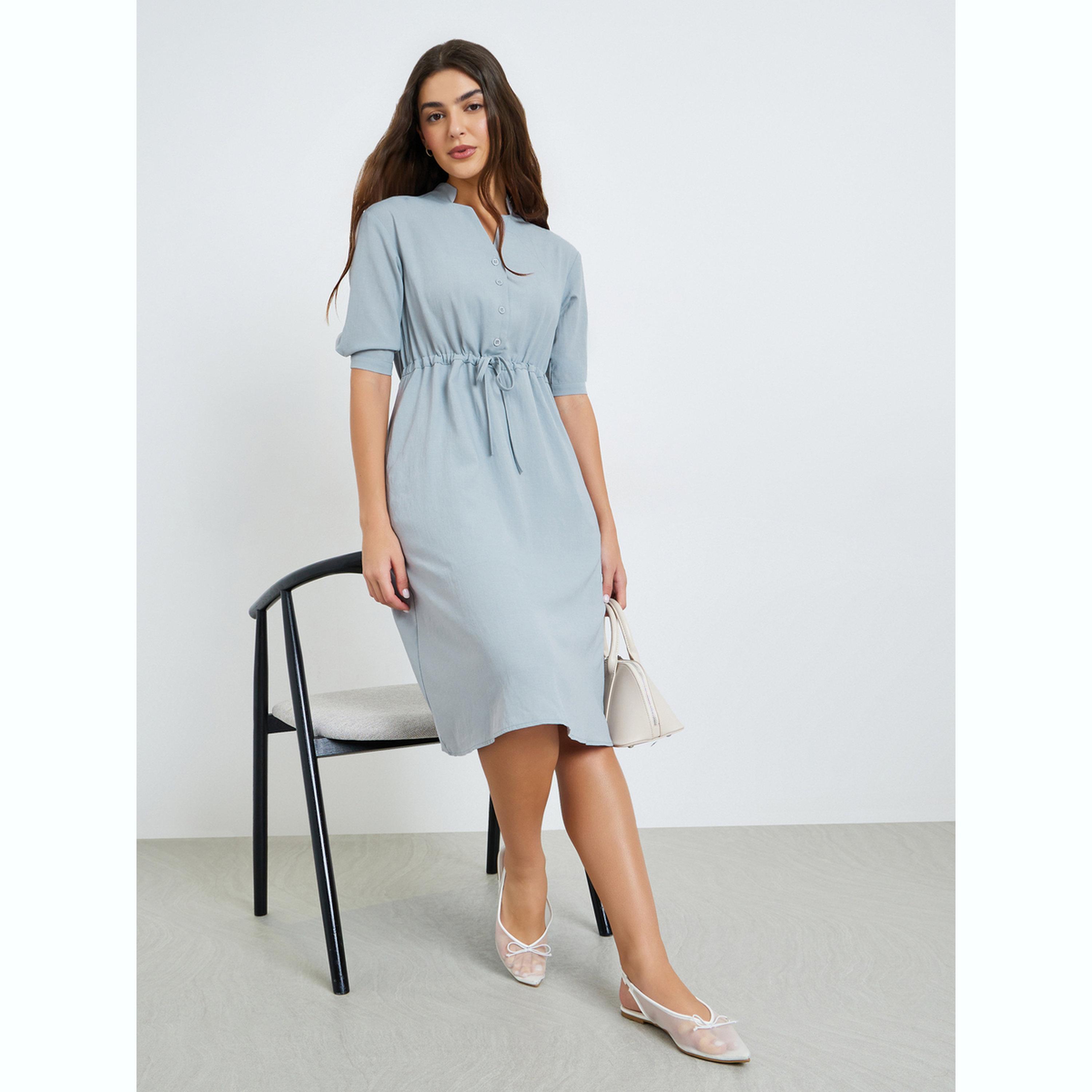 فستان ميدي كاجوال برباط خصر رمادي-women-clothing-dresses-image-2