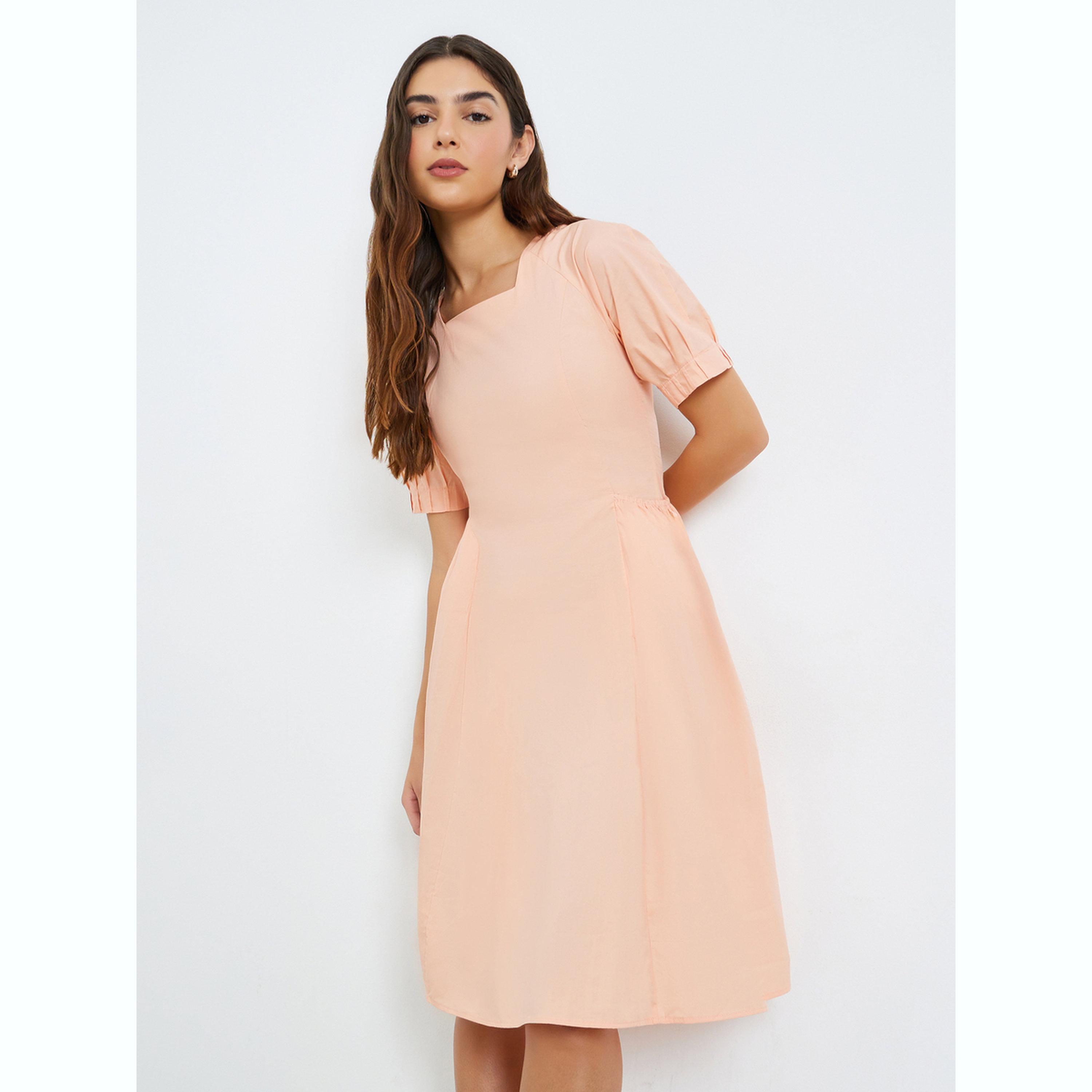 فستان بطول الركبة بياقة مربعة خوخي-women-clothing-dresses-image-1