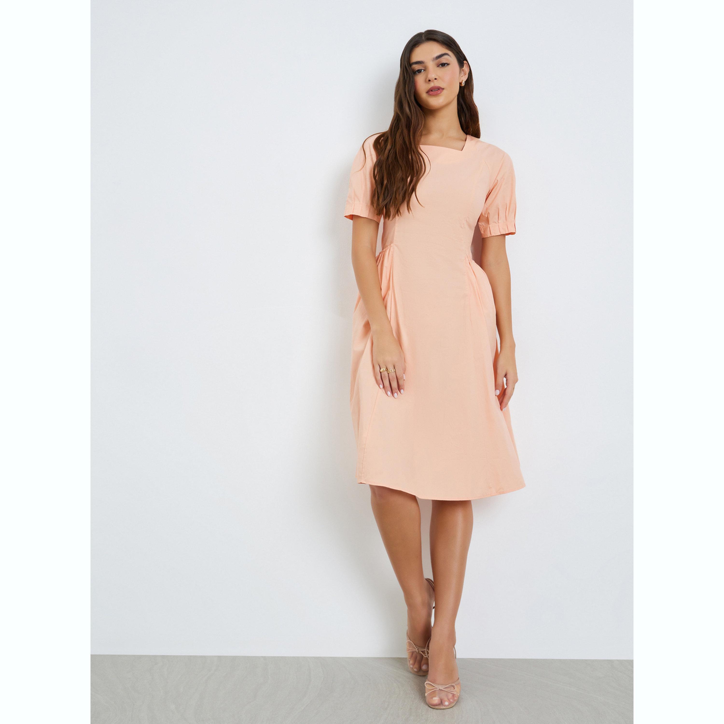 فستان بطول الركبة بياقة مربعة خوخي-women-clothing-dresses-image-2