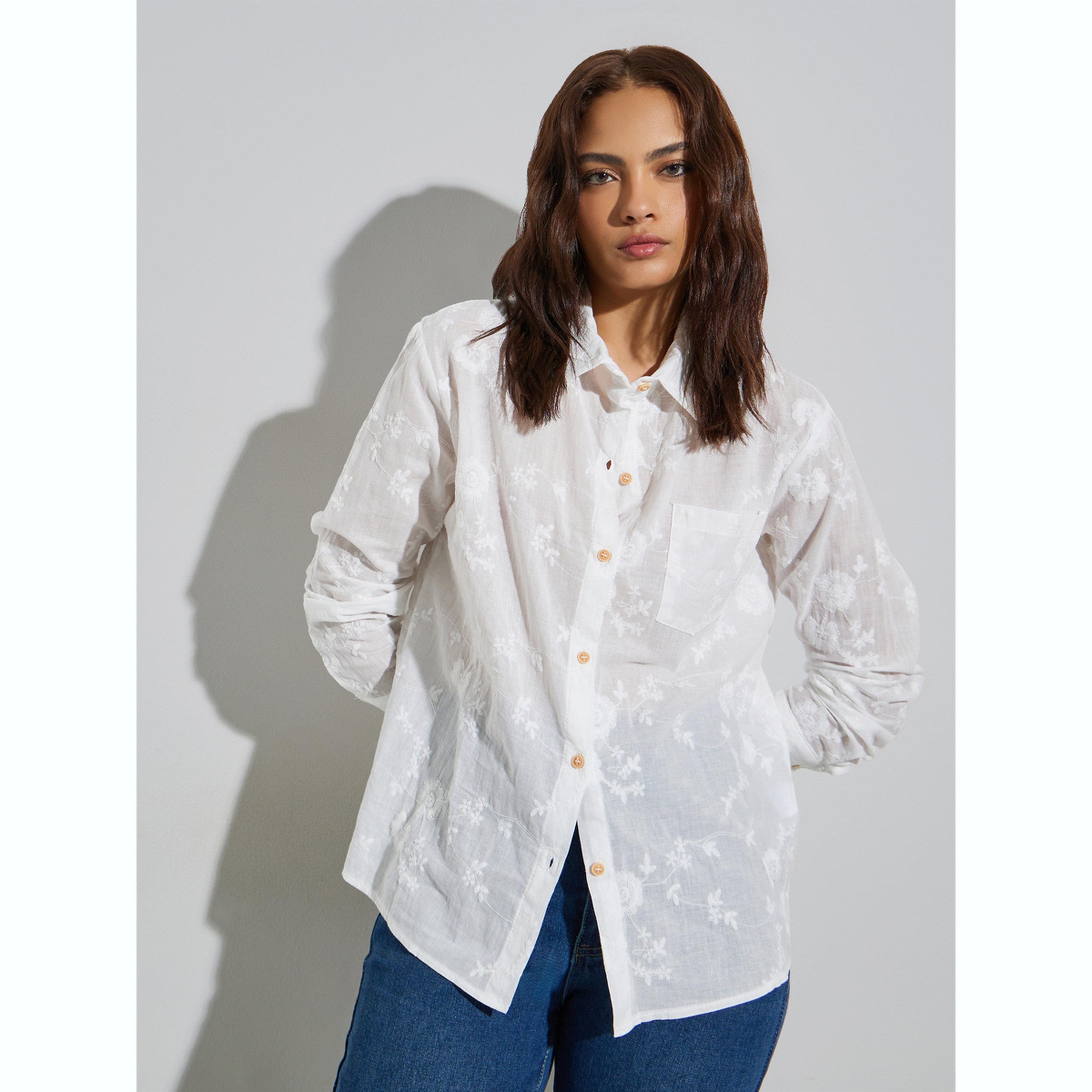 بلوزة طويلة بقصة مريحة ومطرزة بنقشة الزهور-women-clothing-shirtsandblouses-shirts-image-1