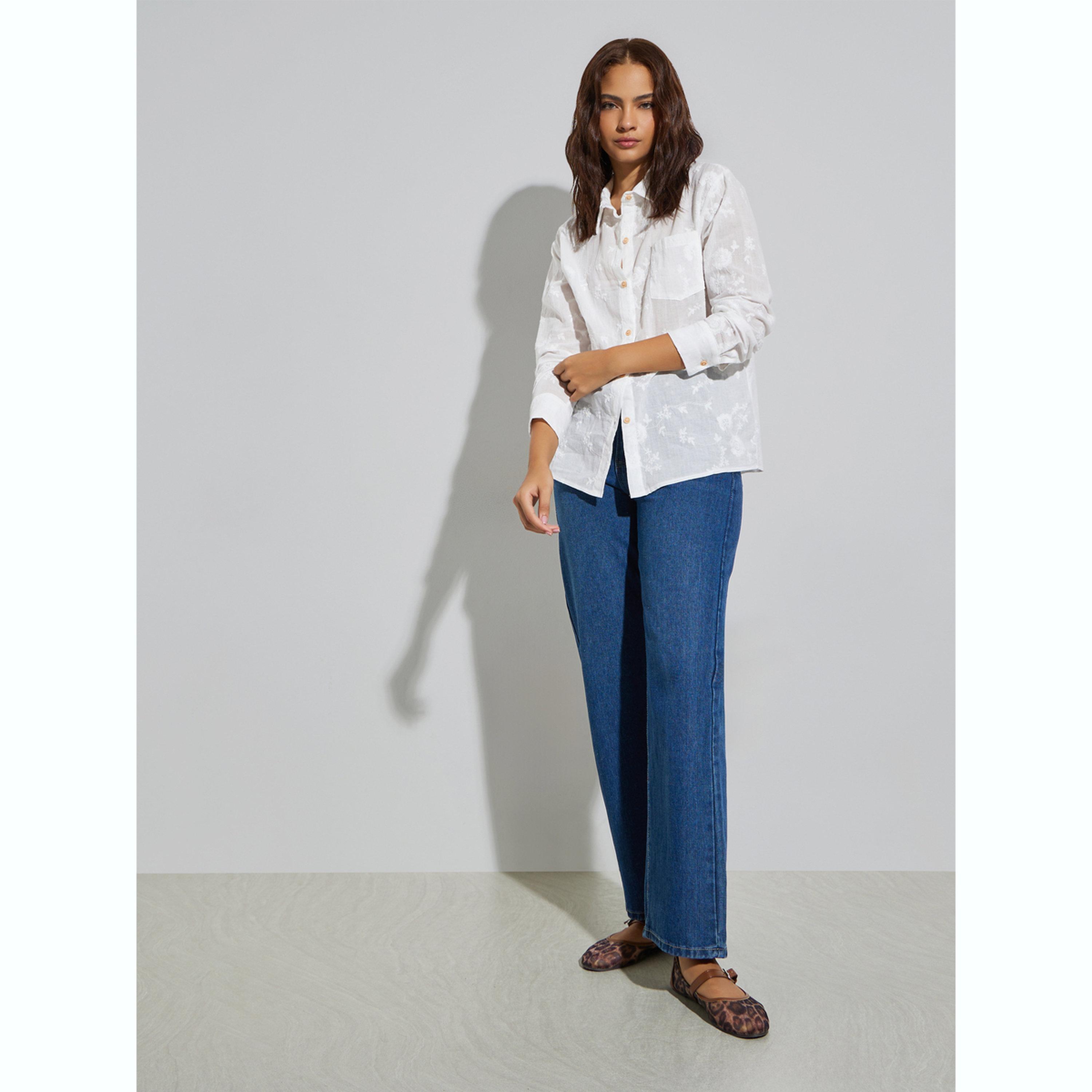 Styli White Floral Embroidered Long Oversized Shirt-women-clothing-shirtsandblouses-shirts-image-2