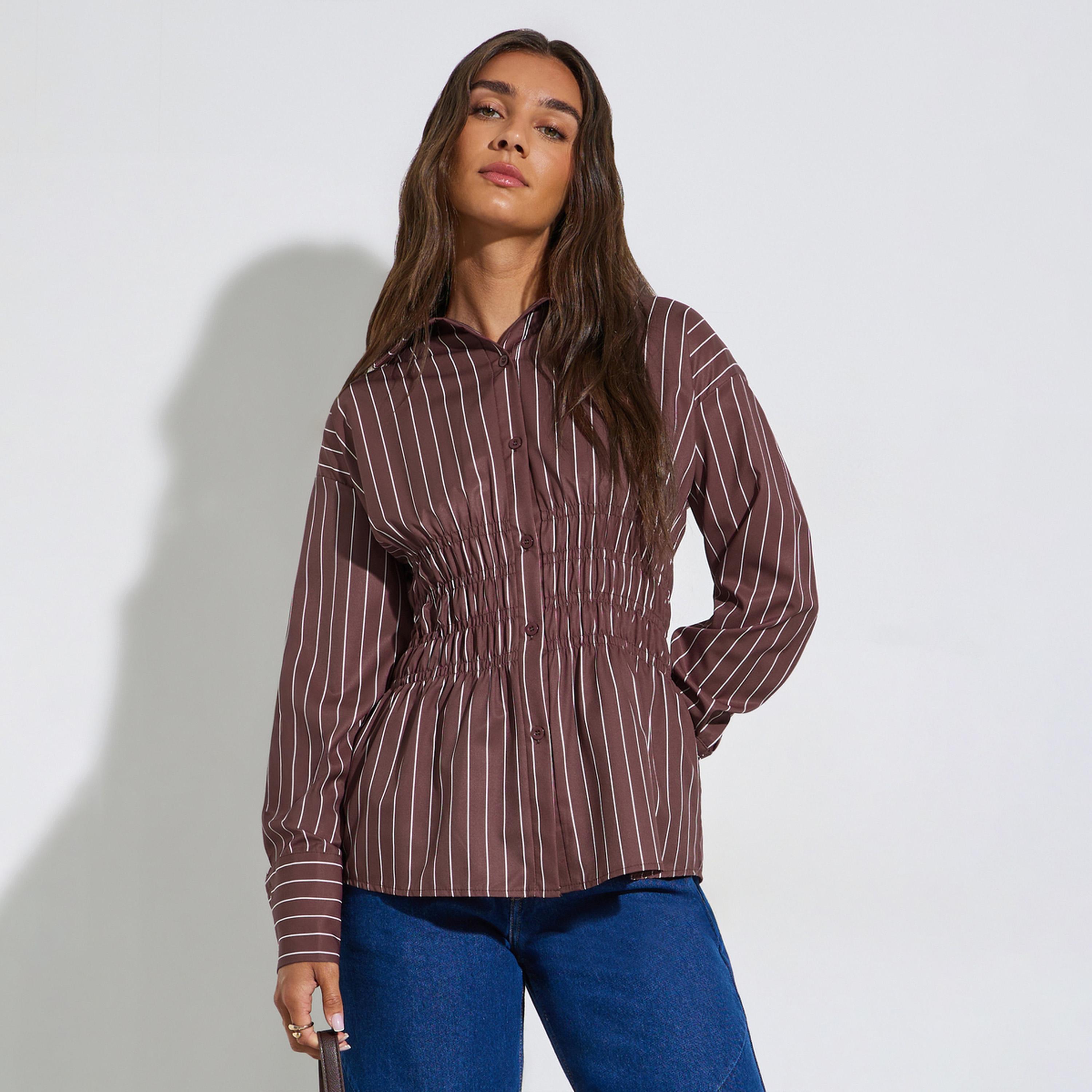 بلوزة مخططة بخصر مزموم-women-clothing-shirtsandblouses-blouses-image-1