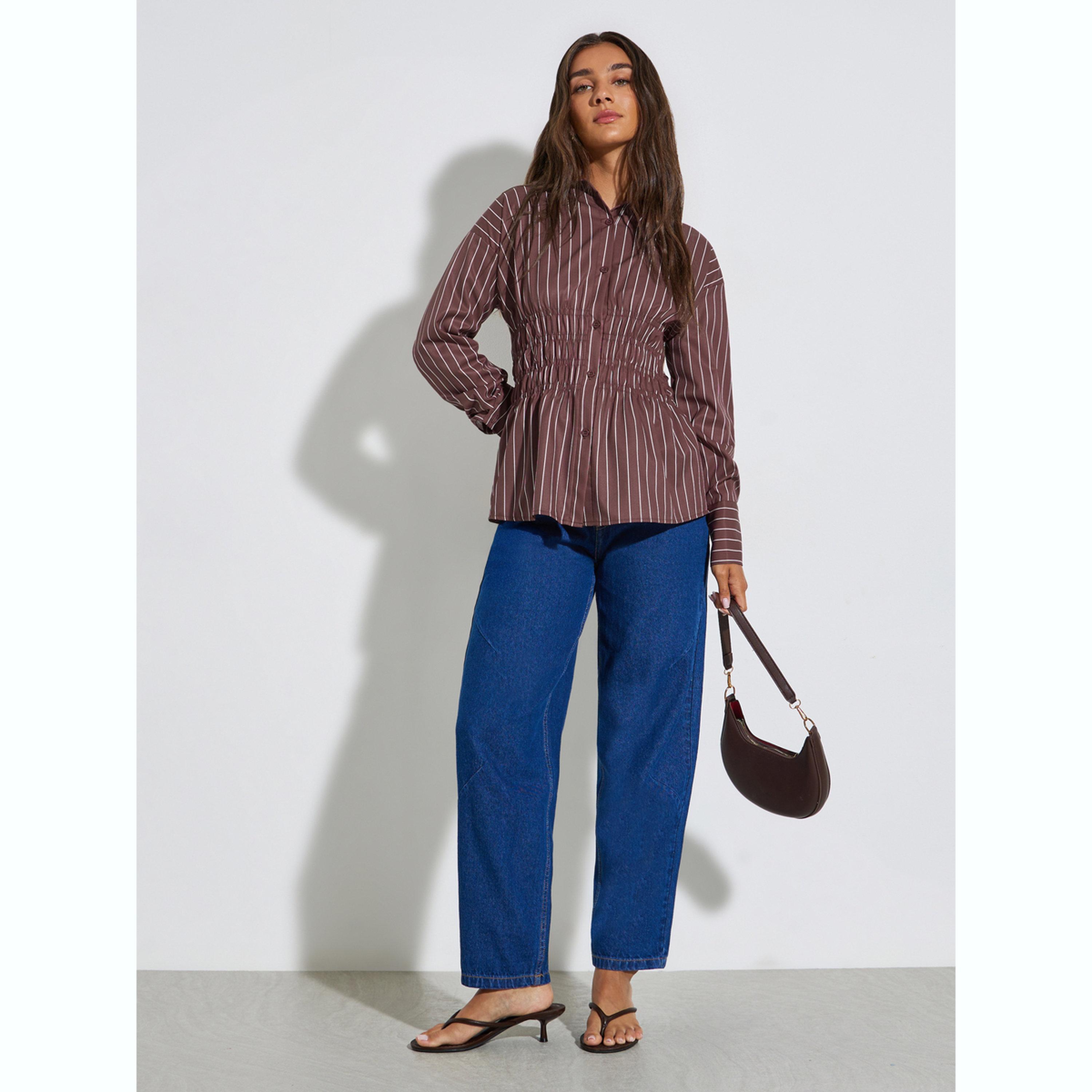 بلوزة مخططة بخصر مزموم-women-clothing-shirtsandblouses-blouses-image-2