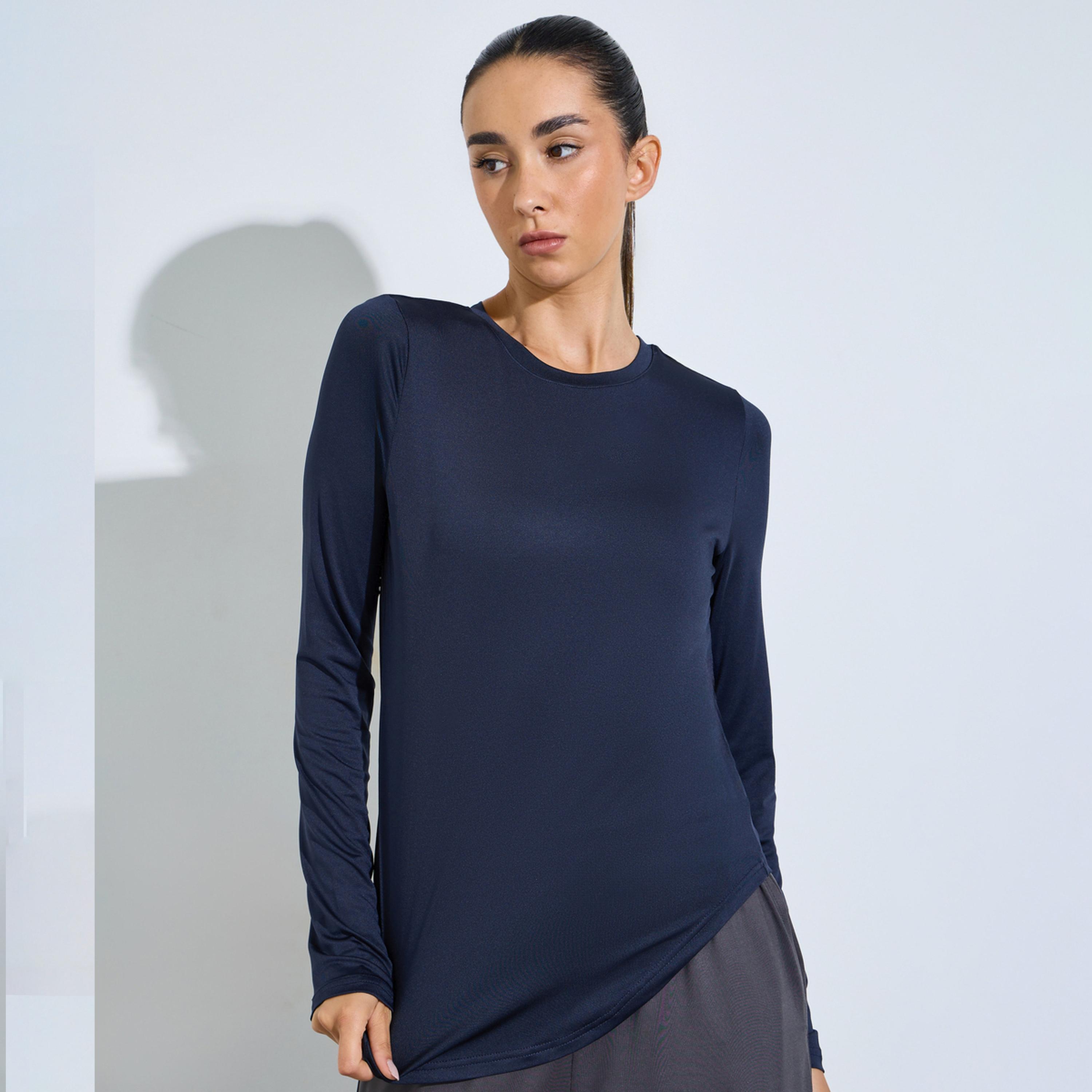ستايلي - بلوزة بأكمام طويلة مزينة بشعار باللون الأزرق الداكن-sports-women-clothing-tshirtsandvests-image-1