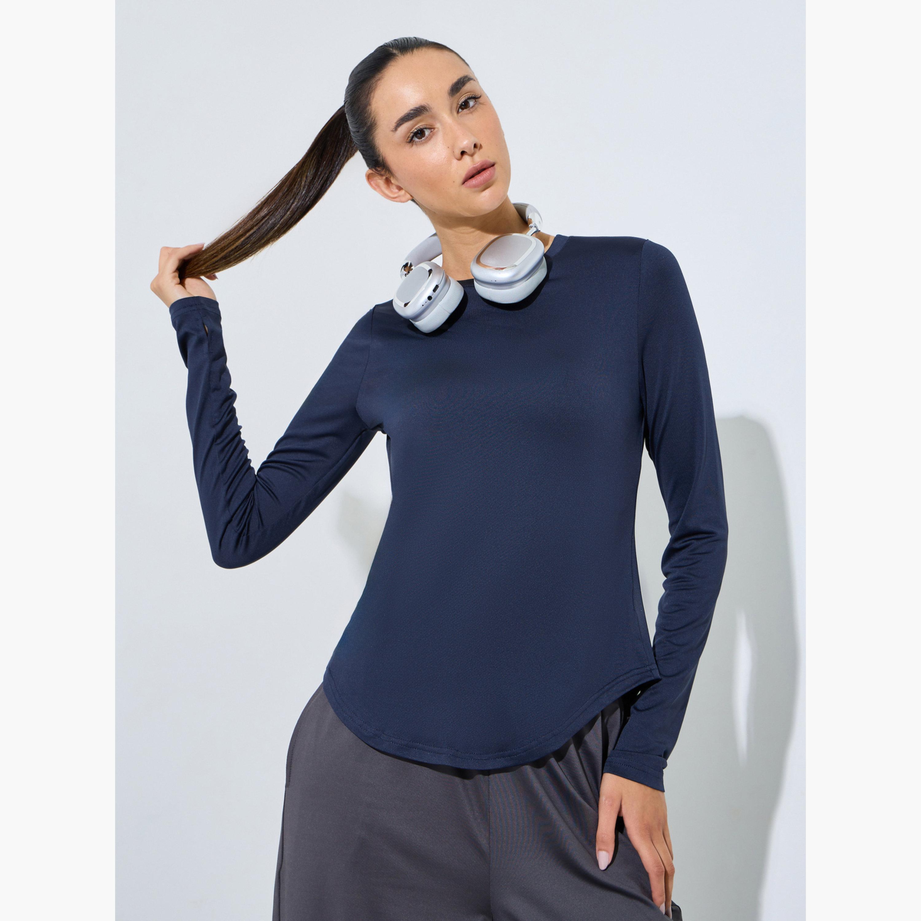 ستايلي - بلوزة بأكمام طويلة مزينة بشعار باللون الأزرق الداكن-sports-women-clothing-tshirtsandvests-image-3