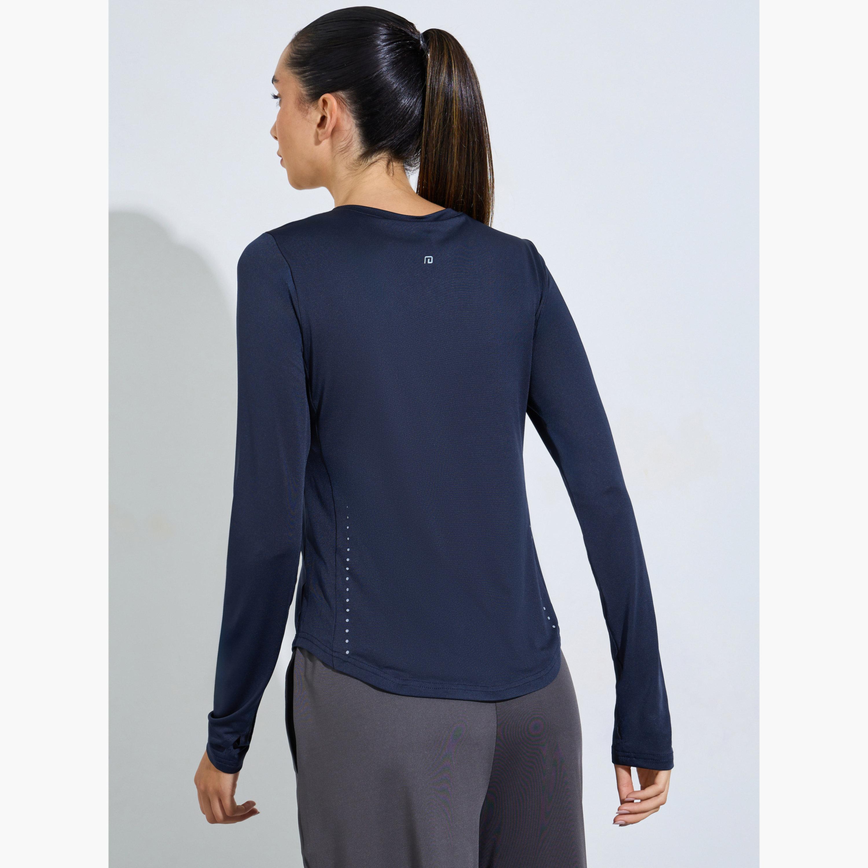 ستايلي - بلوزة بأكمام طويلة مزينة بشعار باللون الأزرق الداكن-sports-women-clothing-tshirtsandvests-image-4