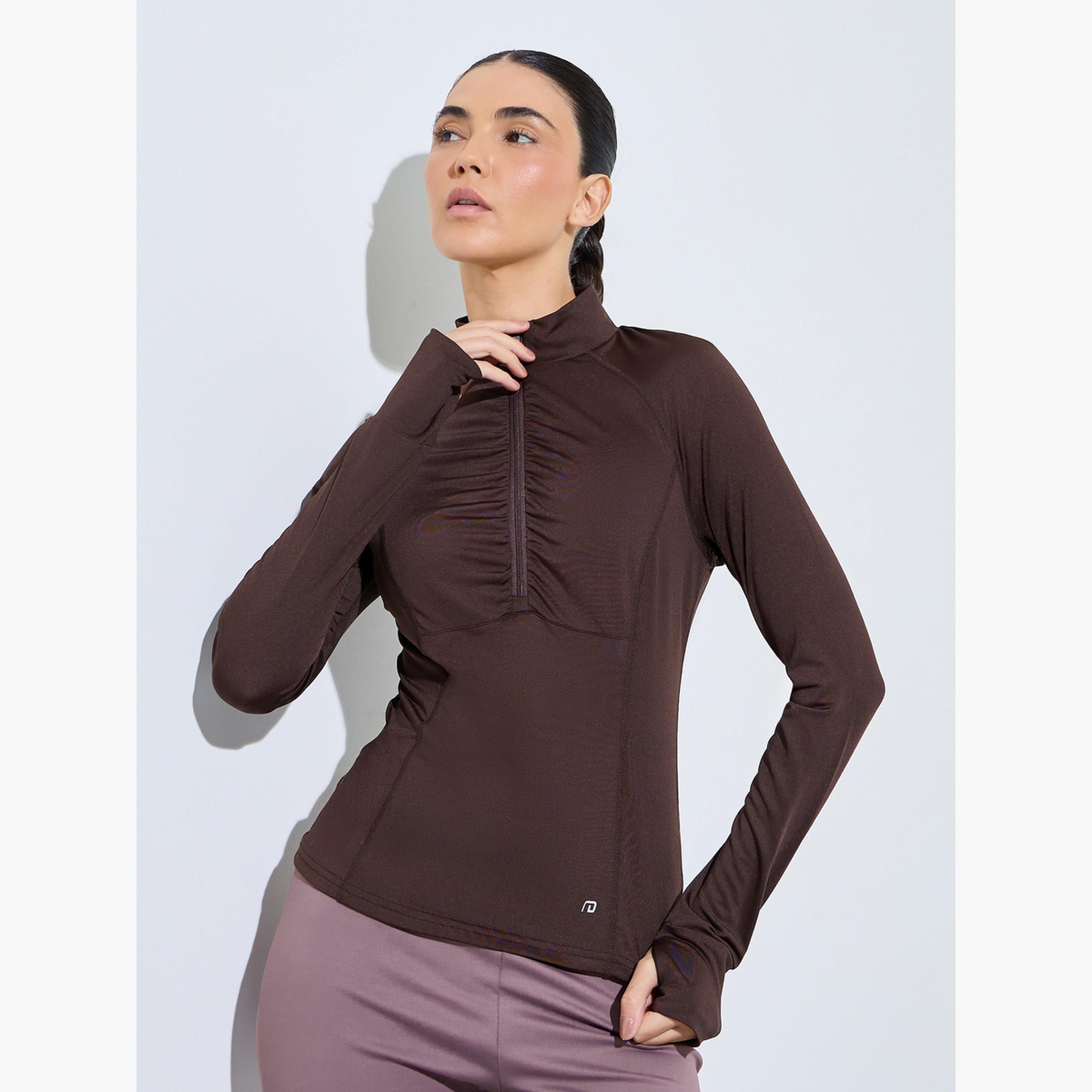 Styli Brown Ruched Details Half Zip Up Thumbhole Top-sports-women-clothing-tshirtsandvests-image-1