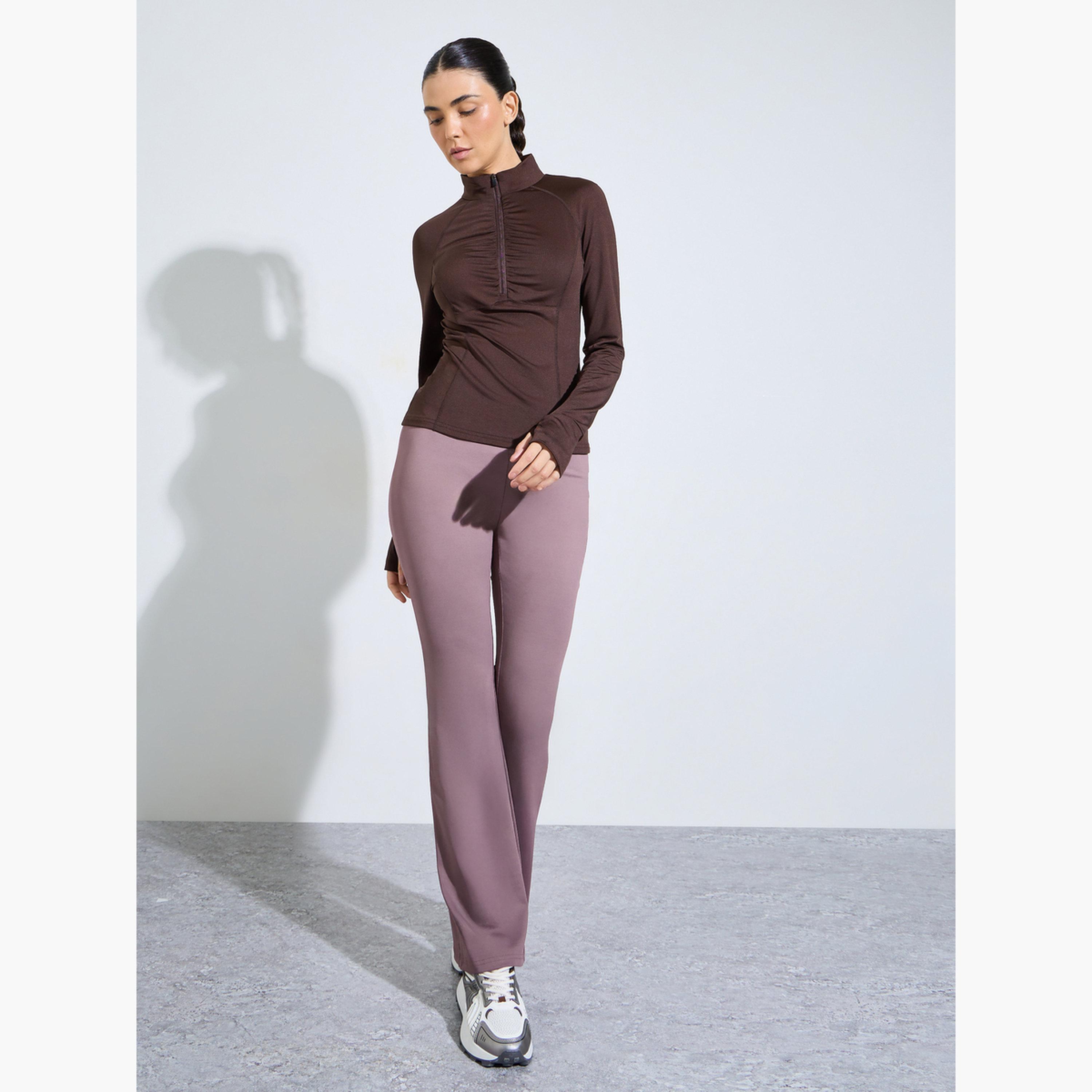 Styli Brown Ruched Details Half Zip Up Thumbhole Top-sports-women-clothing-tshirtsandvests-image-2