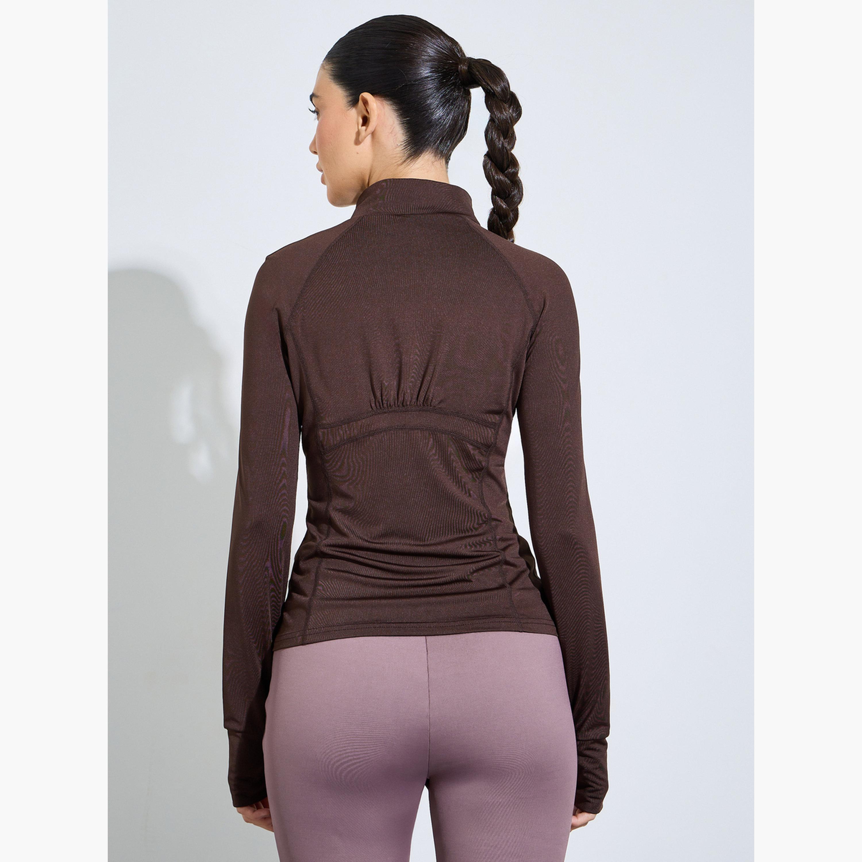 Styli Brown Ruched Details Half Zip Up Thumbhole Top-sports-women-clothing-tshirtsandvests-image-3