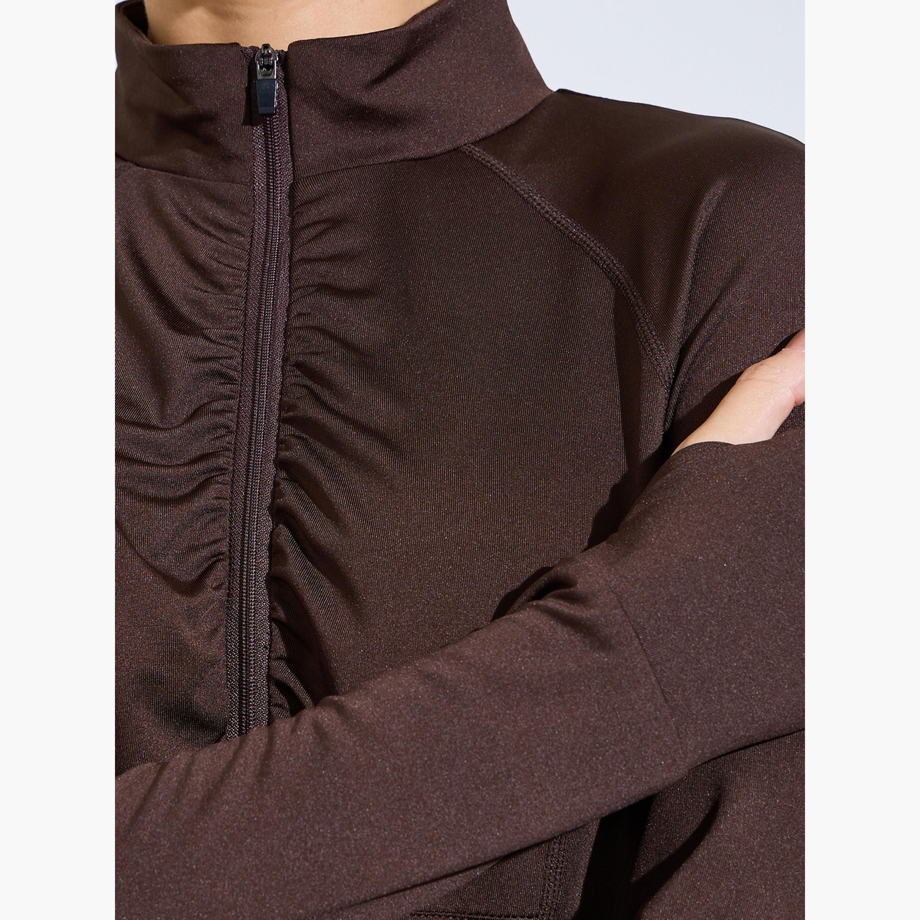 Styli Brown Ruched Details Half Zip Up Thumbhole Top-sports-women-clothing-tshirtsandvests-image-5