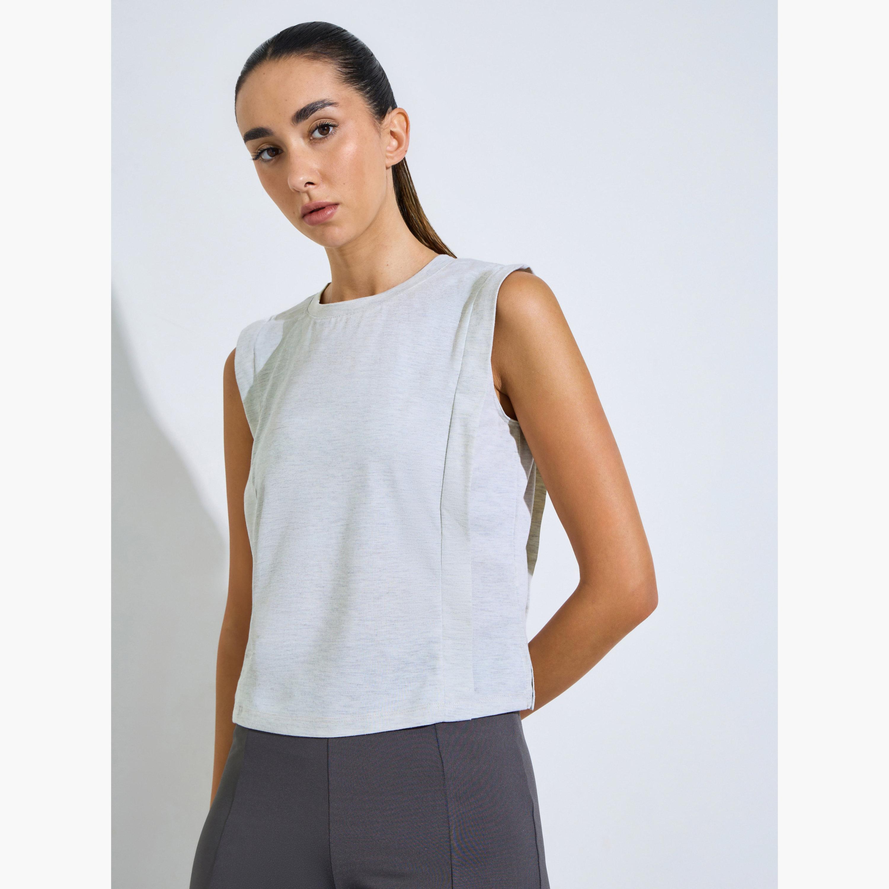 Styli Grey Solid Round Neck Tank Top-sports-women-clothing-tshirtsandvests-image-1