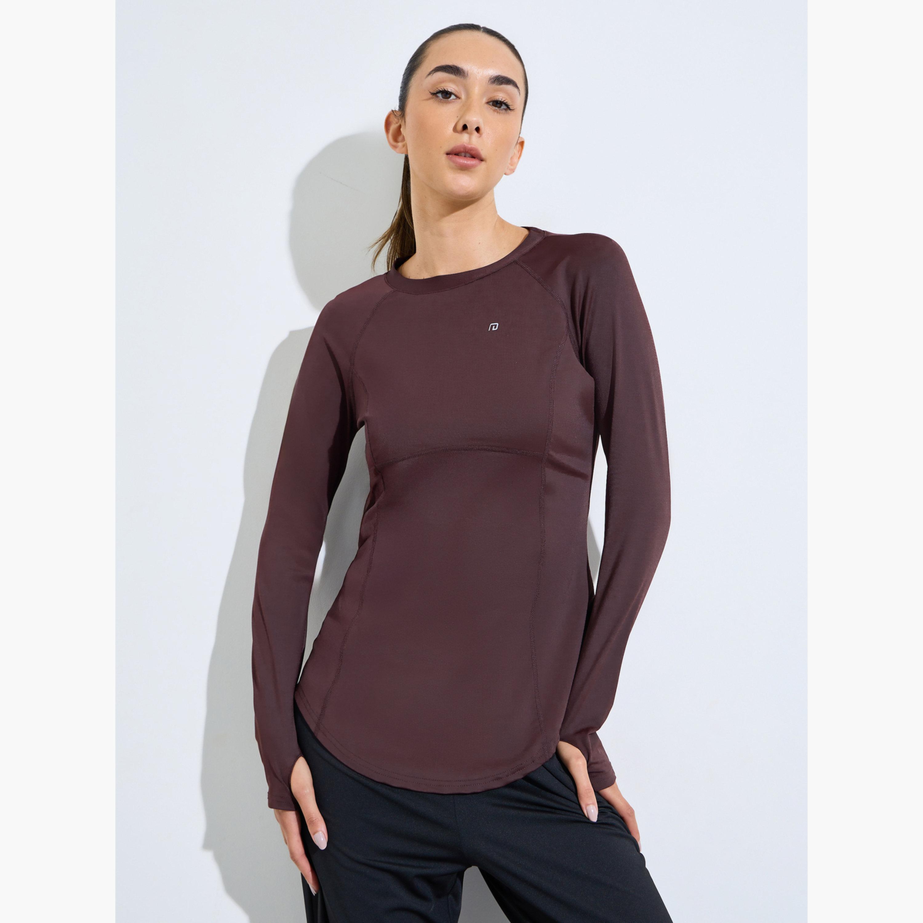 Styli Brown Logo Curved Hem Modest Longline Thumbhole Top-sports-women-clothing-tshirtsandvests-image-1
