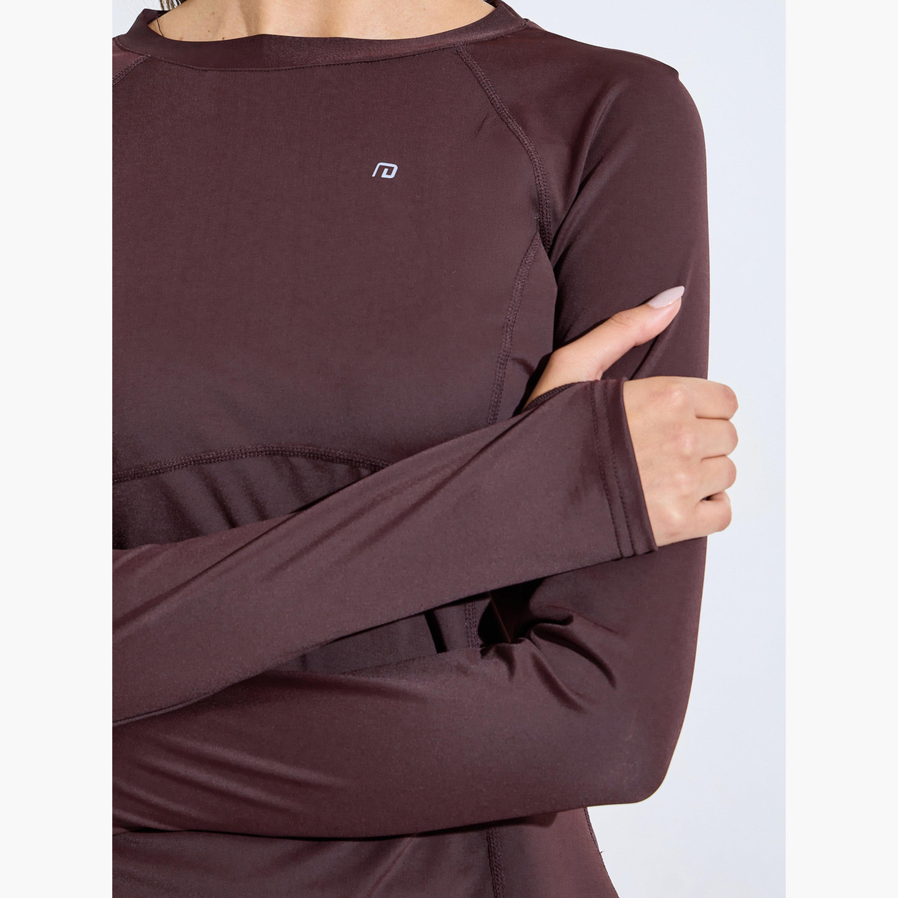 Styli Brown Logo Curved Hem Modest Longline Thumbhole Top-sports-women-clothing-tshirtsandvests-image-4