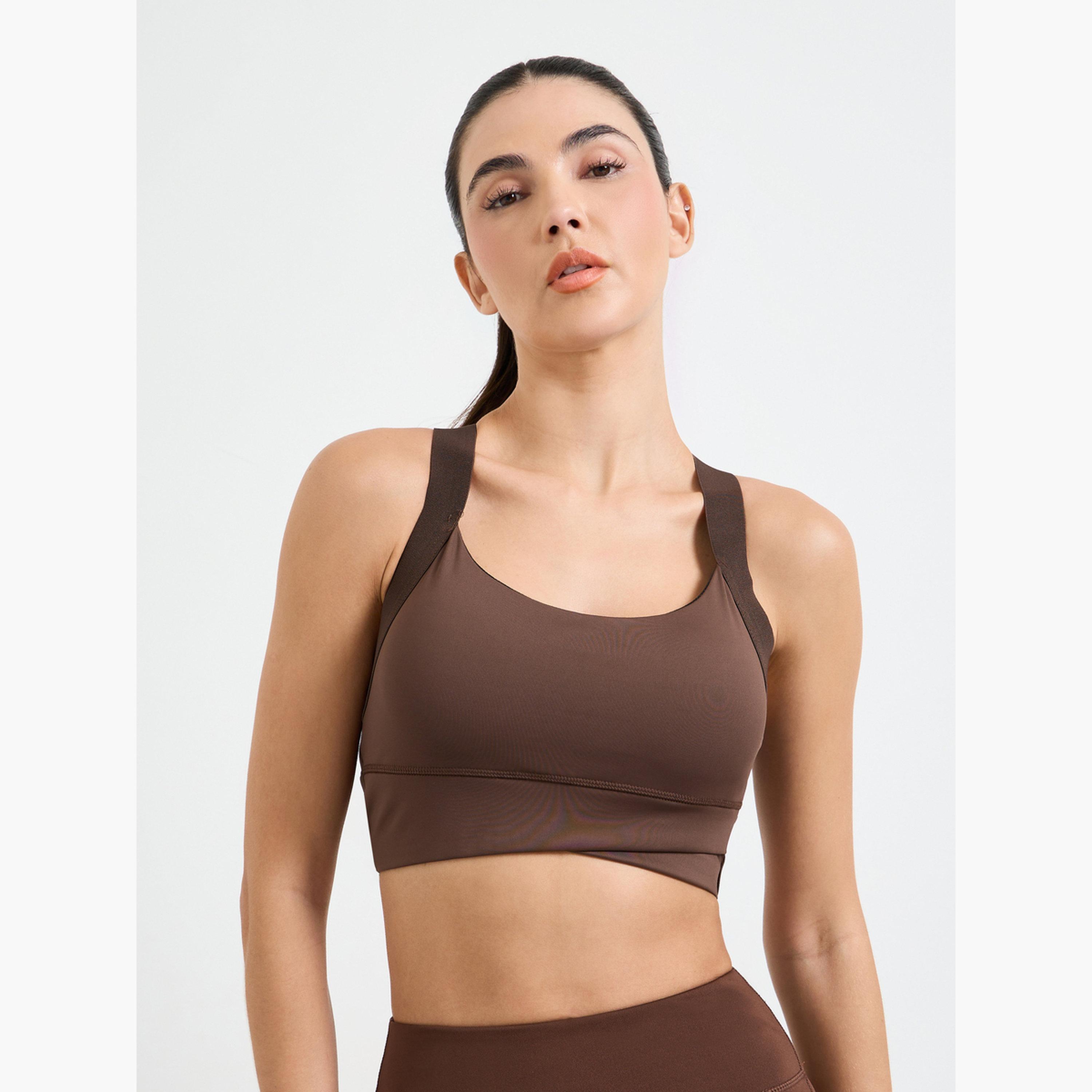 Styli Brown Broad Strap Back Peep Detail  Sports Bra - Medium Support-women-clothing-sportswearandactivewear-sportsbras-image-1