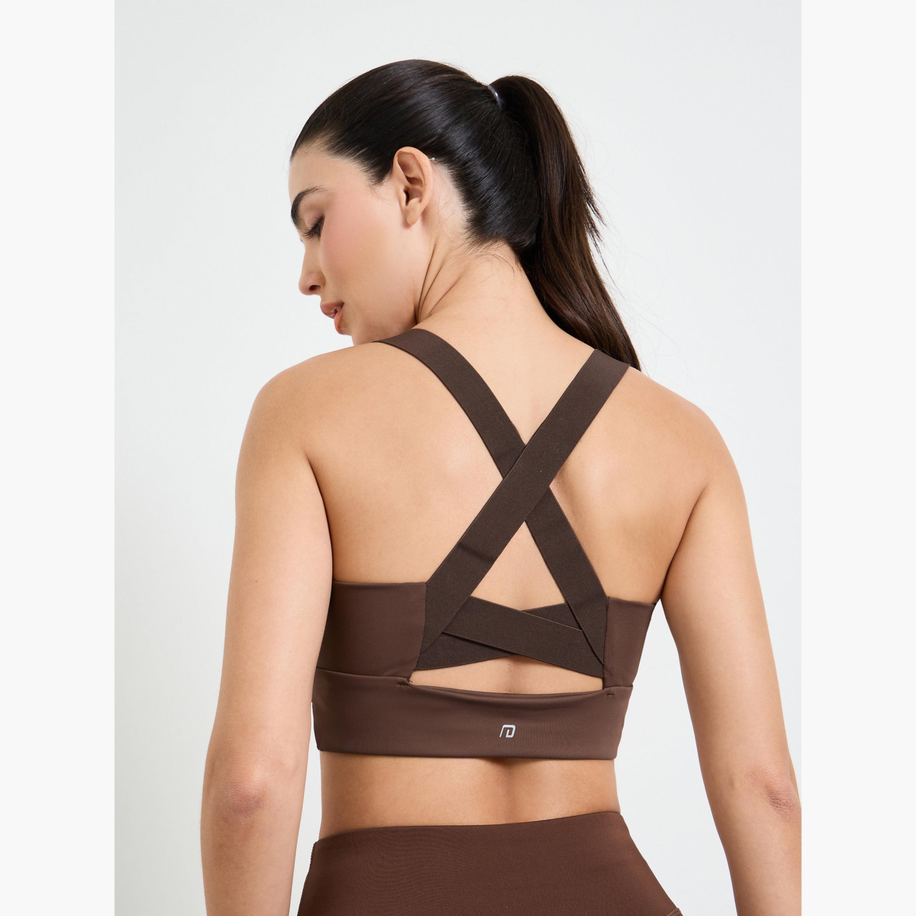 Styli Brown Broad Strap Back Peep Detail  Sports Bra - Medium Support-women-clothing-sportswearandactivewear-sportsbras-image-3