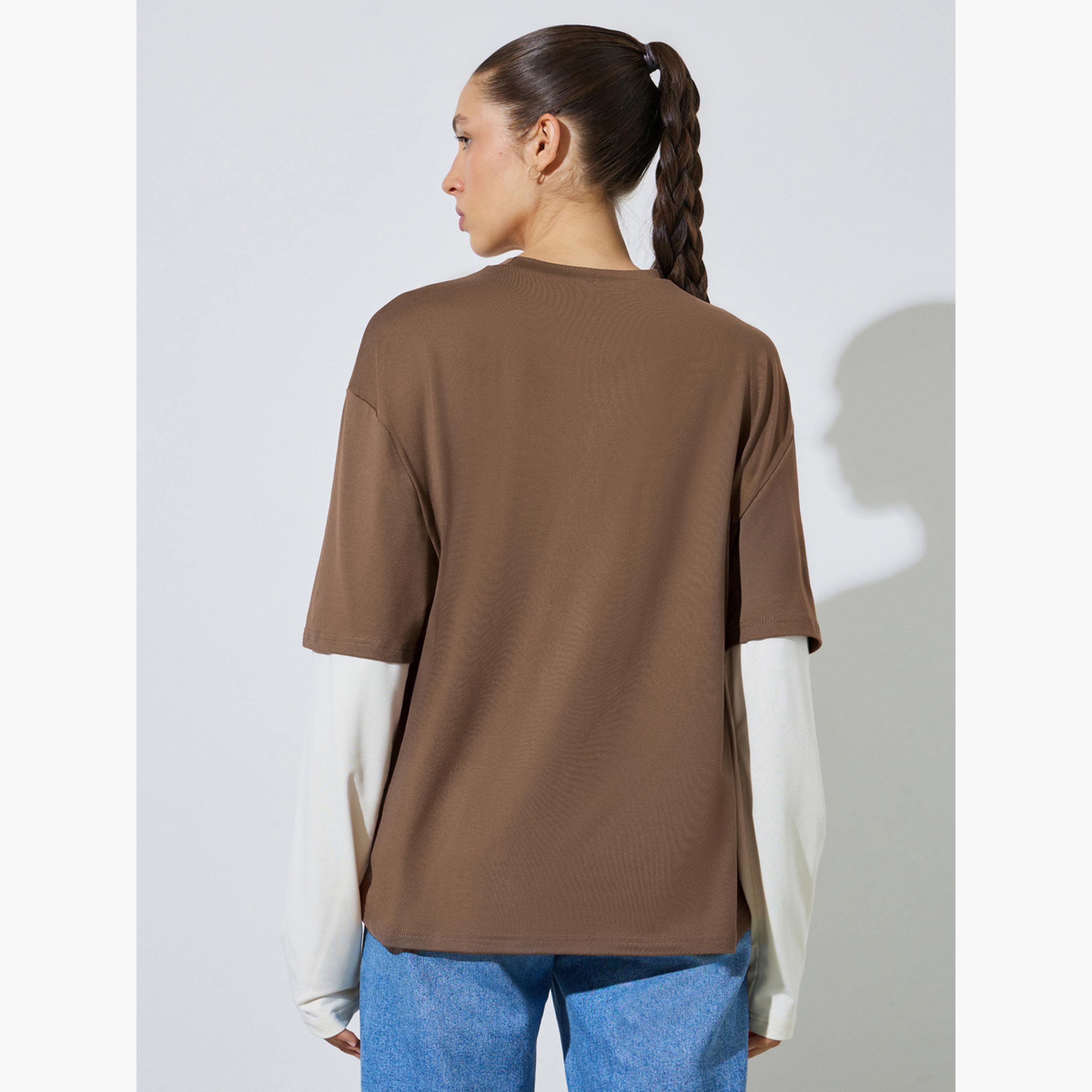 Styli Brown Slogan Long Sleeves Regular Fit T-Shirt-women-clothing-tshirts-image-4
