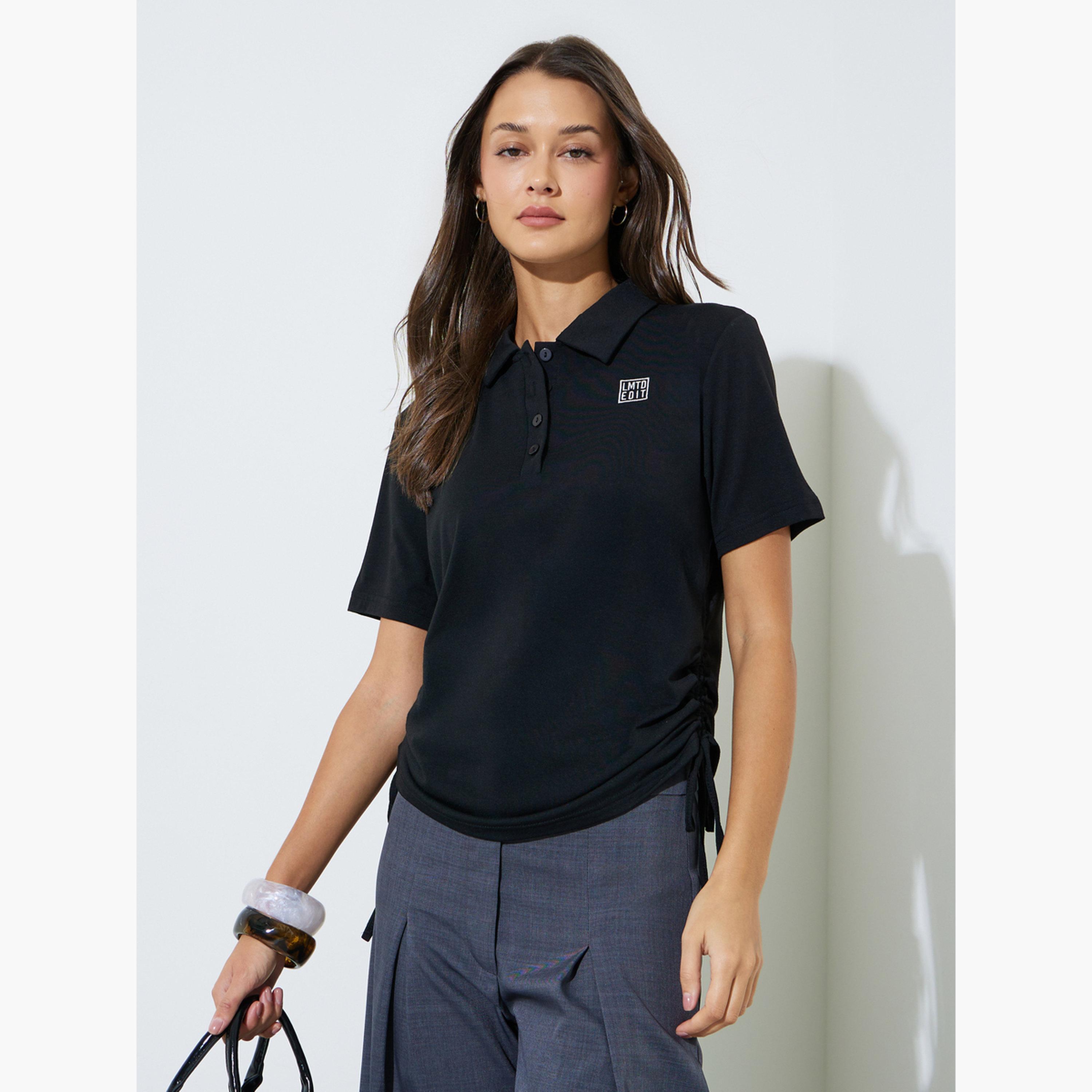 Styli Black Polo T-Shirt with Ruched Side Detail-women-clothing-tshirts-image-1