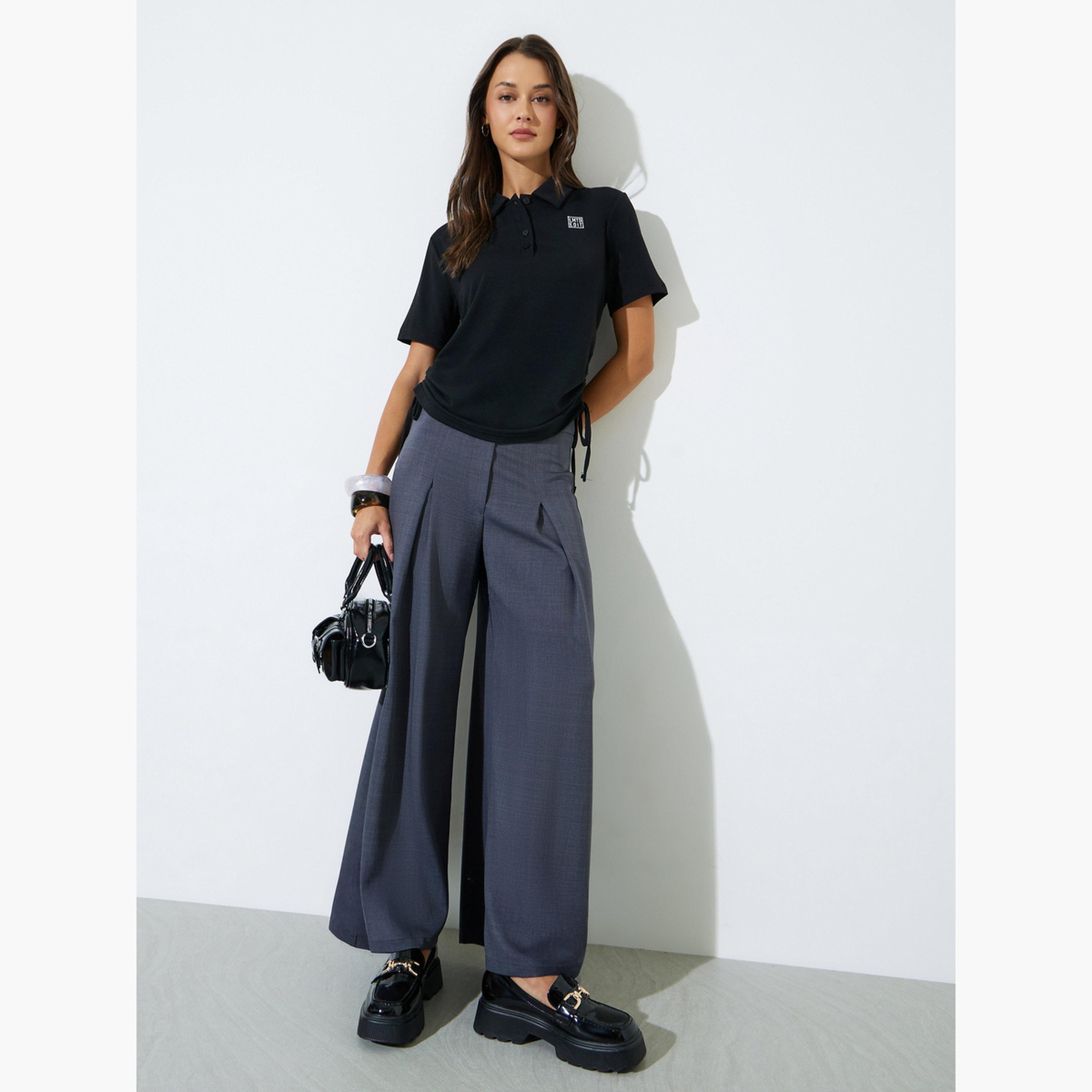 Styli Black Polo T-Shirt with Ruched Side Detail-women-clothing-tshirts-image-2
