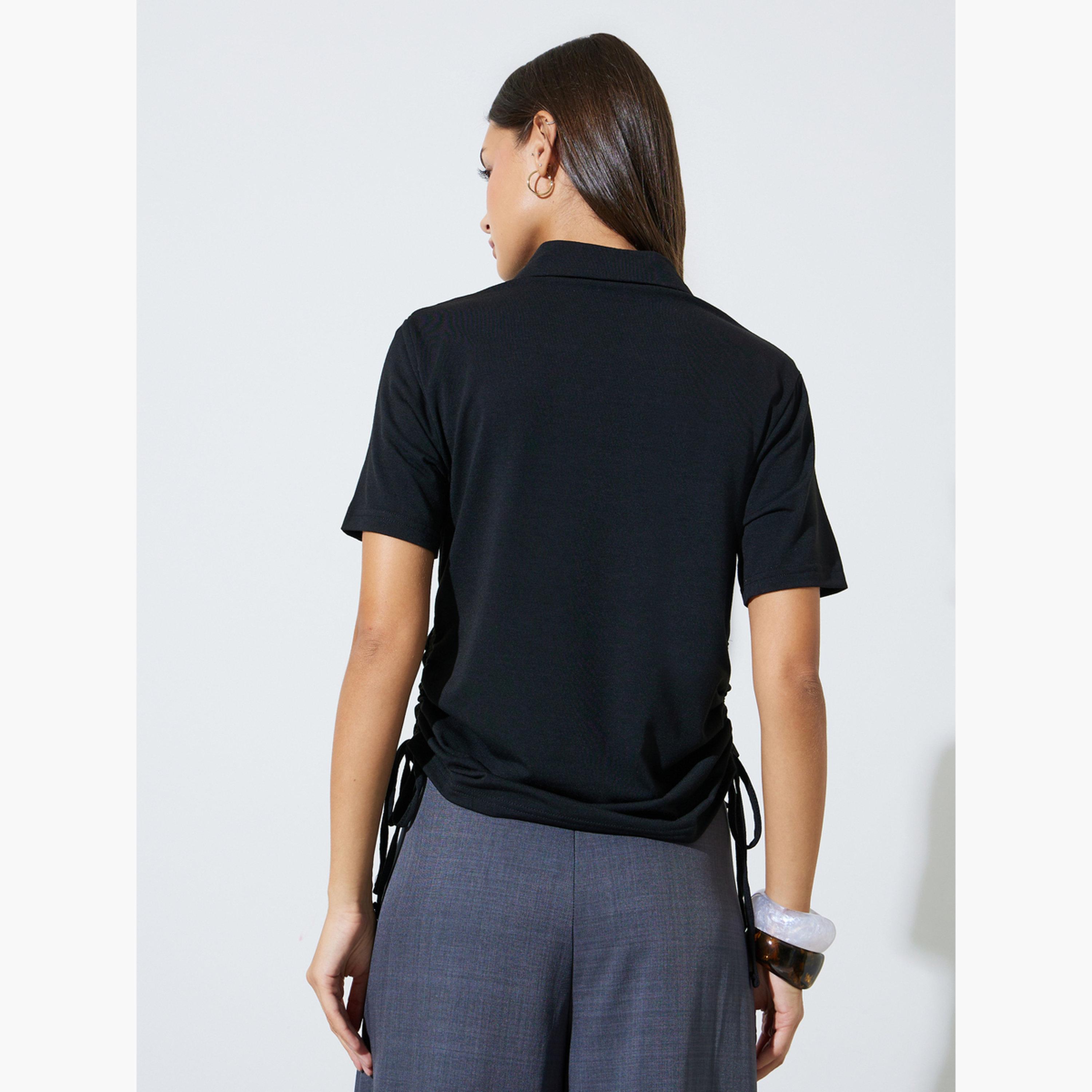 Styli Black Polo T-Shirt with Ruched Side Detail-women-clothing-tshirts-image-3