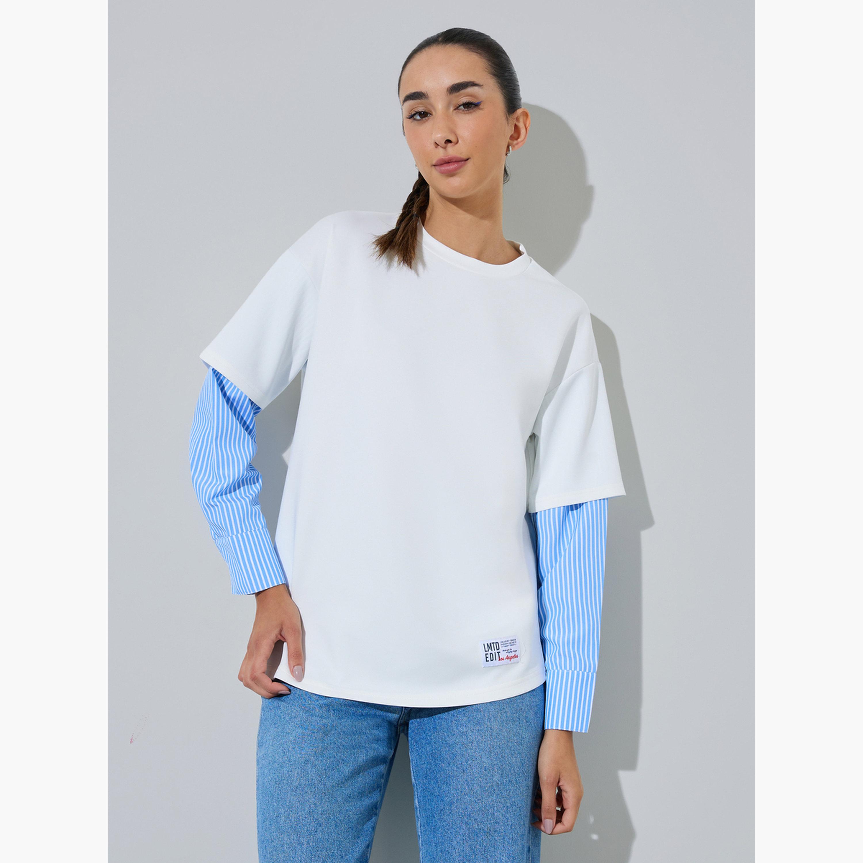 ستايلي - تيشيرت أبيض مخطط بأكمام طويلة ورقبة دائرية-women-clothing-tshirts-image-1