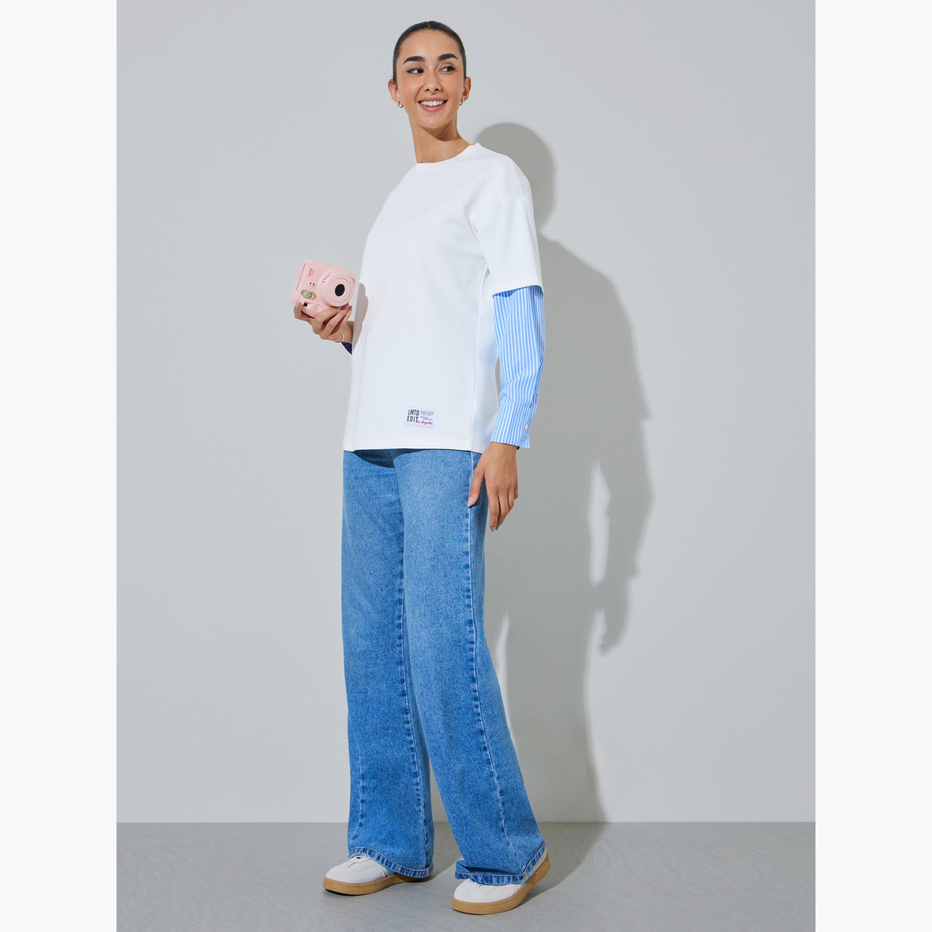 ستايلي - تيشيرت أبيض مخطط بأكمام طويلة ورقبة دائرية-women-clothing-tshirts-image-2