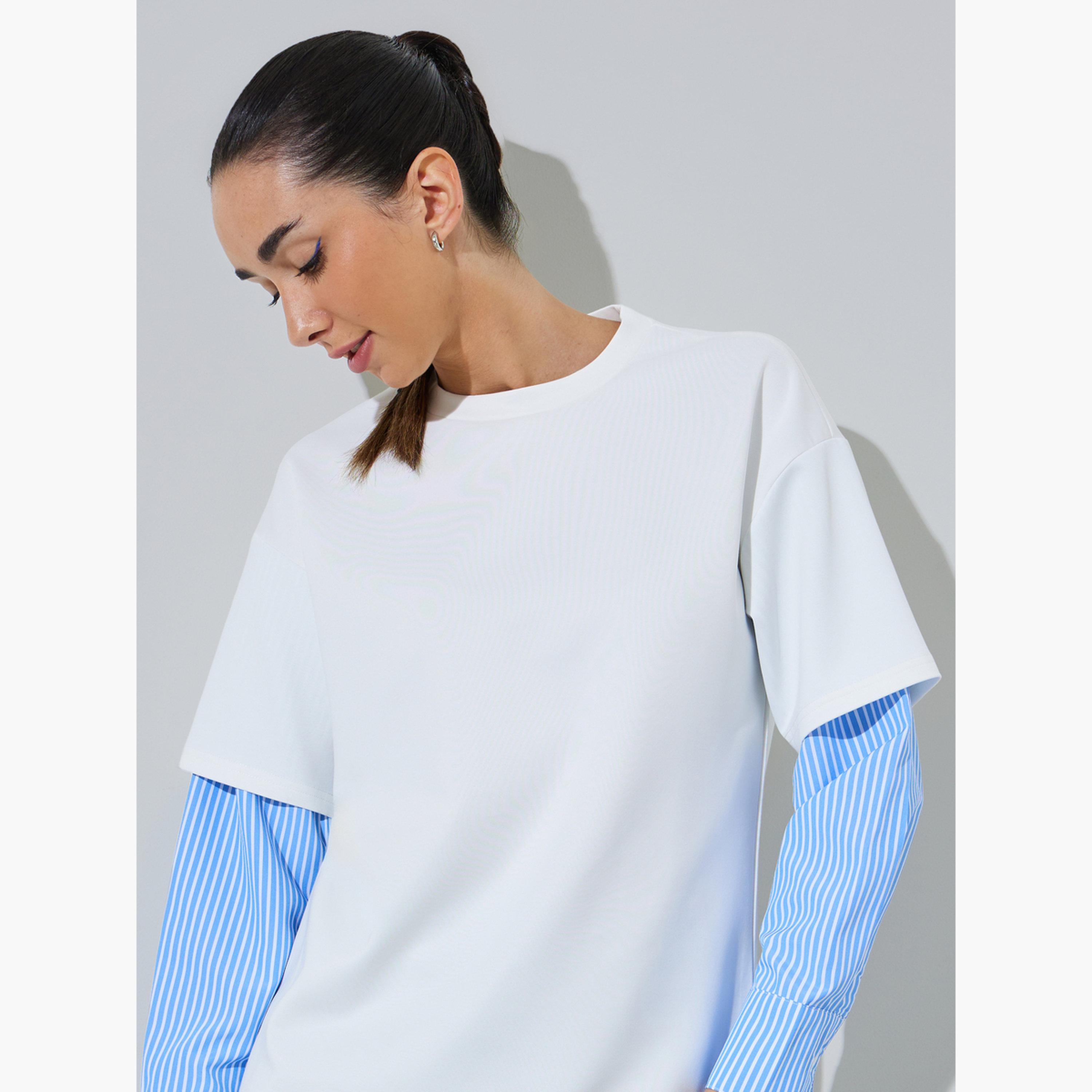 ستايلي - تيشيرت أبيض مخطط بأكمام طويلة ورقبة دائرية-women-clothing-tshirts-image-3