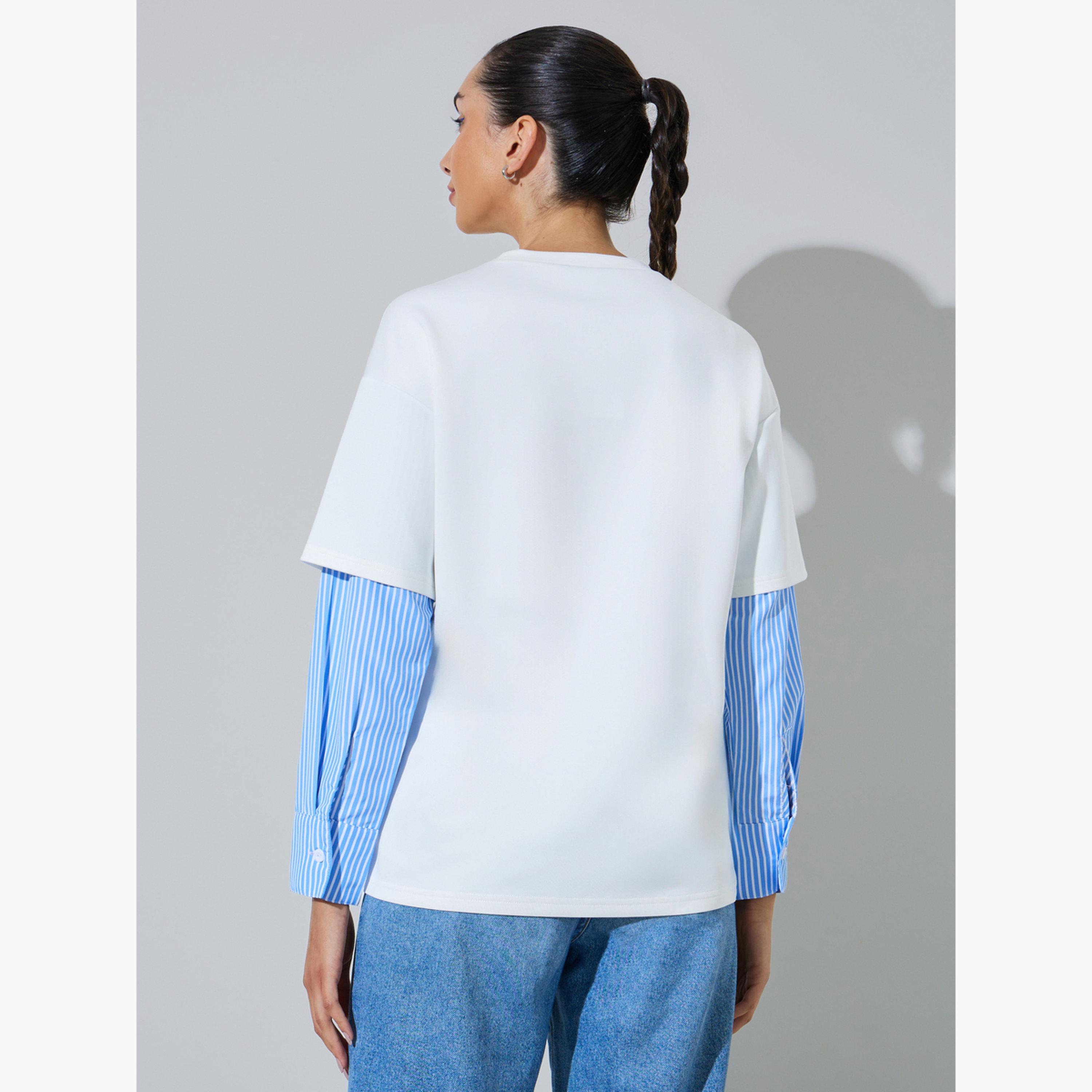 ستايلي - تيشيرت أبيض مخطط بأكمام طويلة ورقبة دائرية-women-clothing-tshirts-image-4