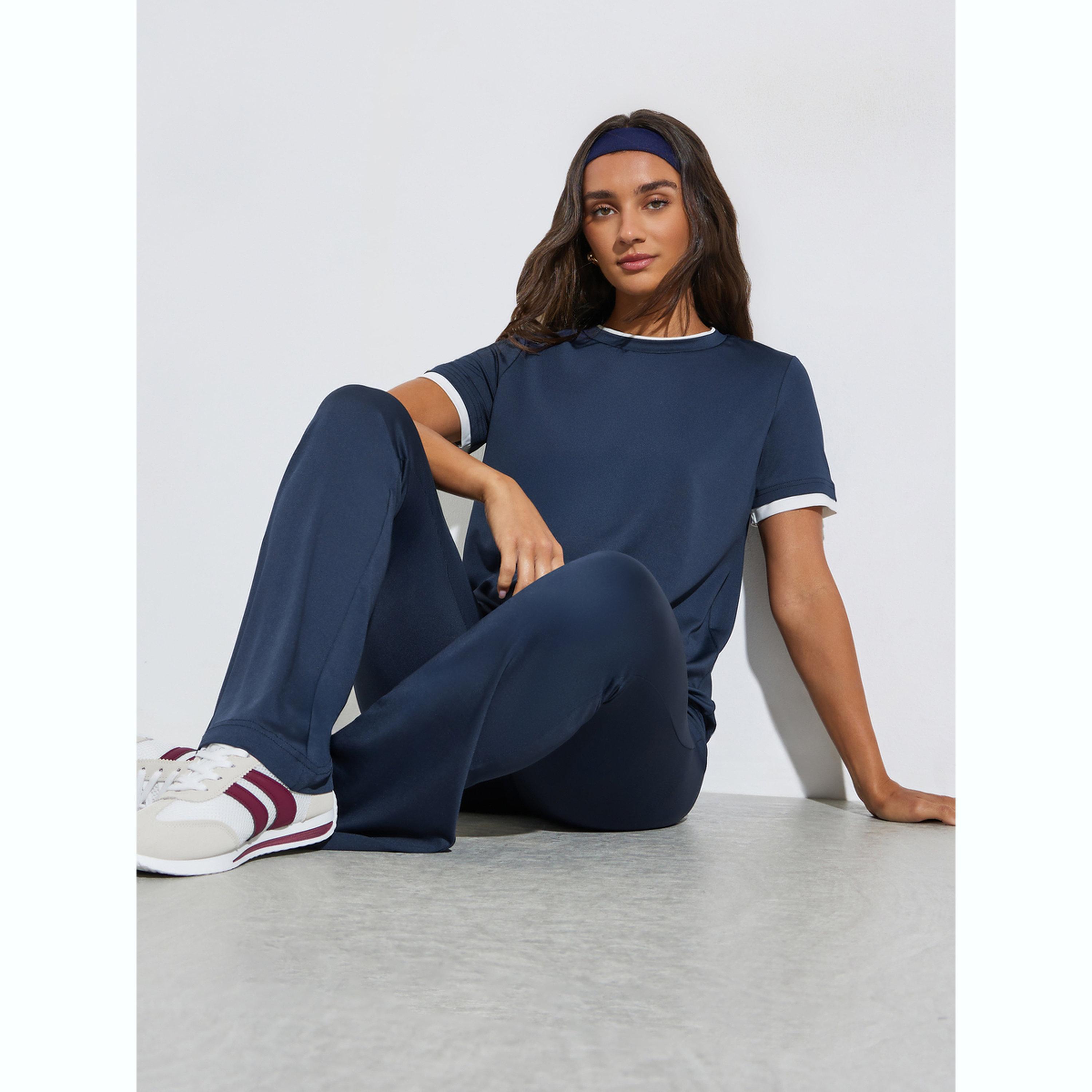 Styli Dark Blue Double-Layer Collar T-Shirt and Mid Waist Flared Leggings Set-women-clothing-coordsets-image-2