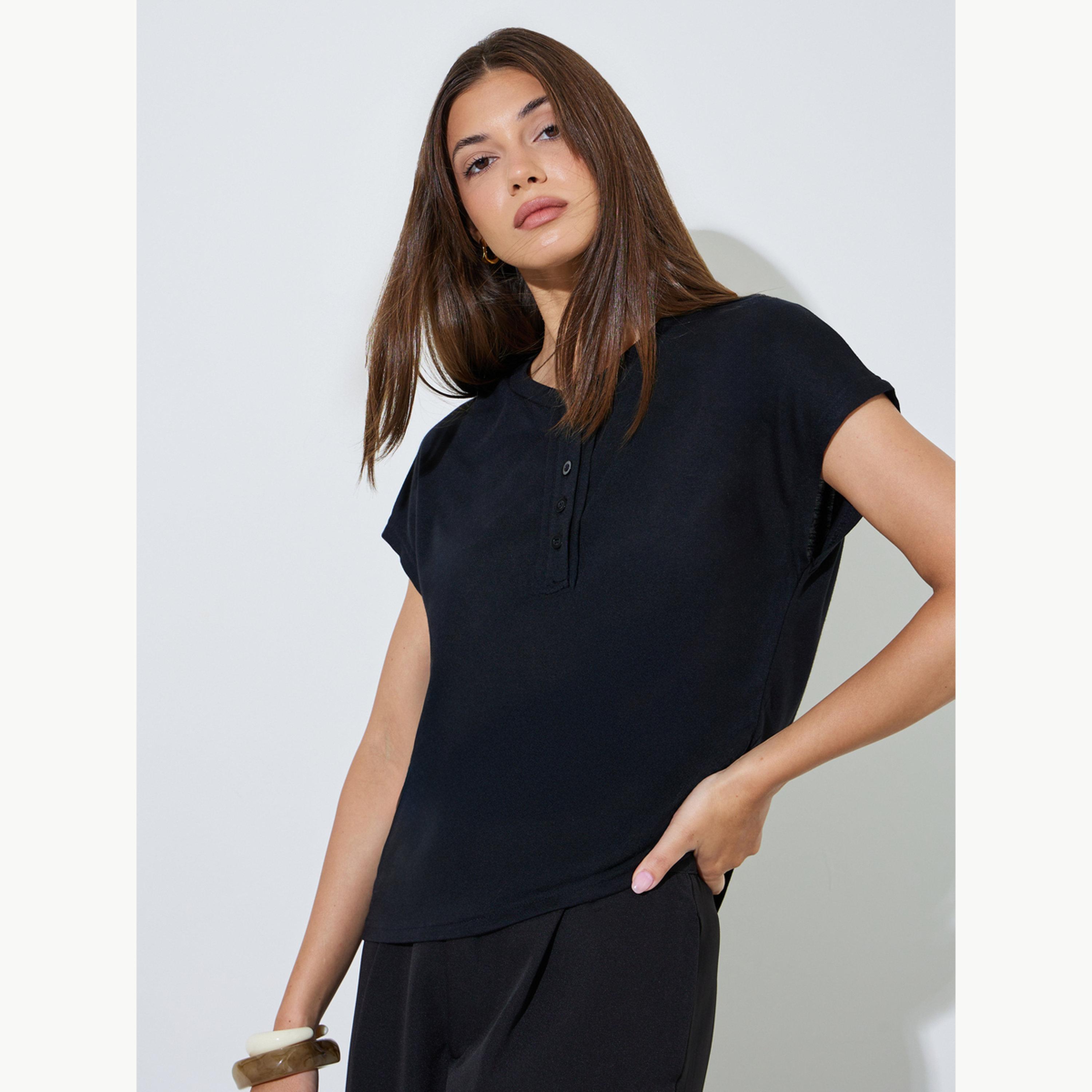 Styli Black Plain Button Placket T-Shirt-women-clothing-tshirts-image-1