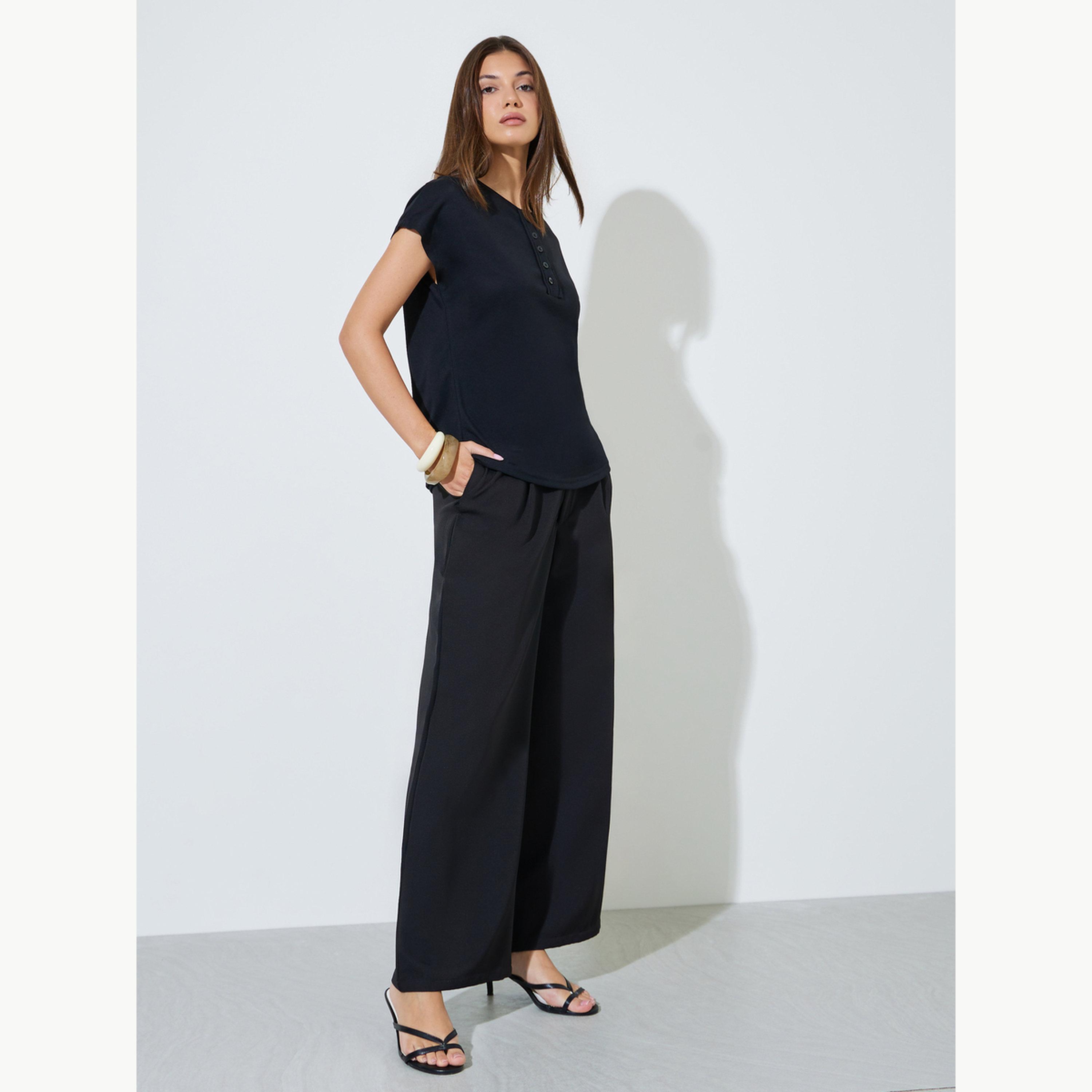 Styli Black Plain Button Placket T-Shirt-women-clothing-tshirts-image-2