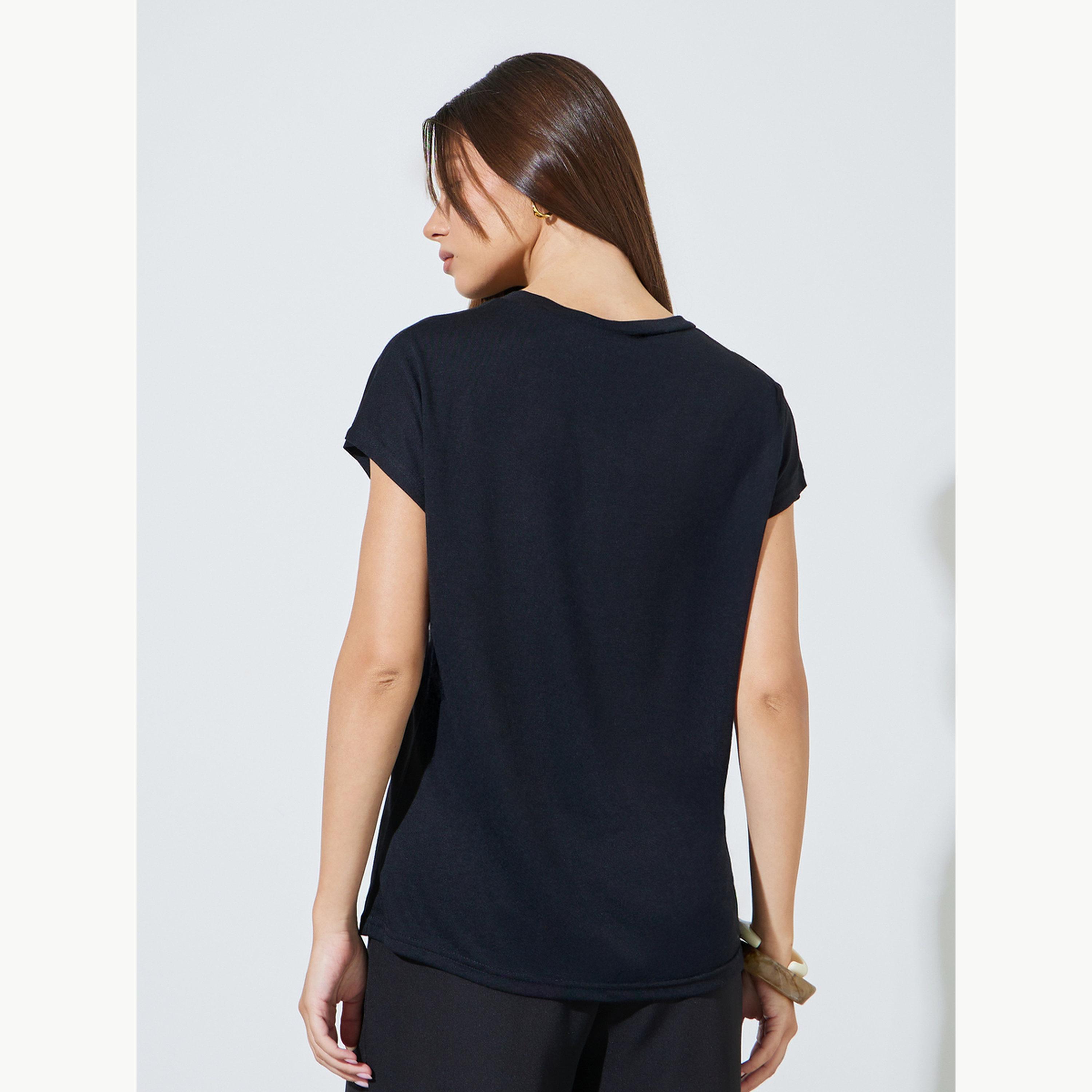 Styli Black Plain Button Placket T-Shirt-women-clothing-tshirts-image-3