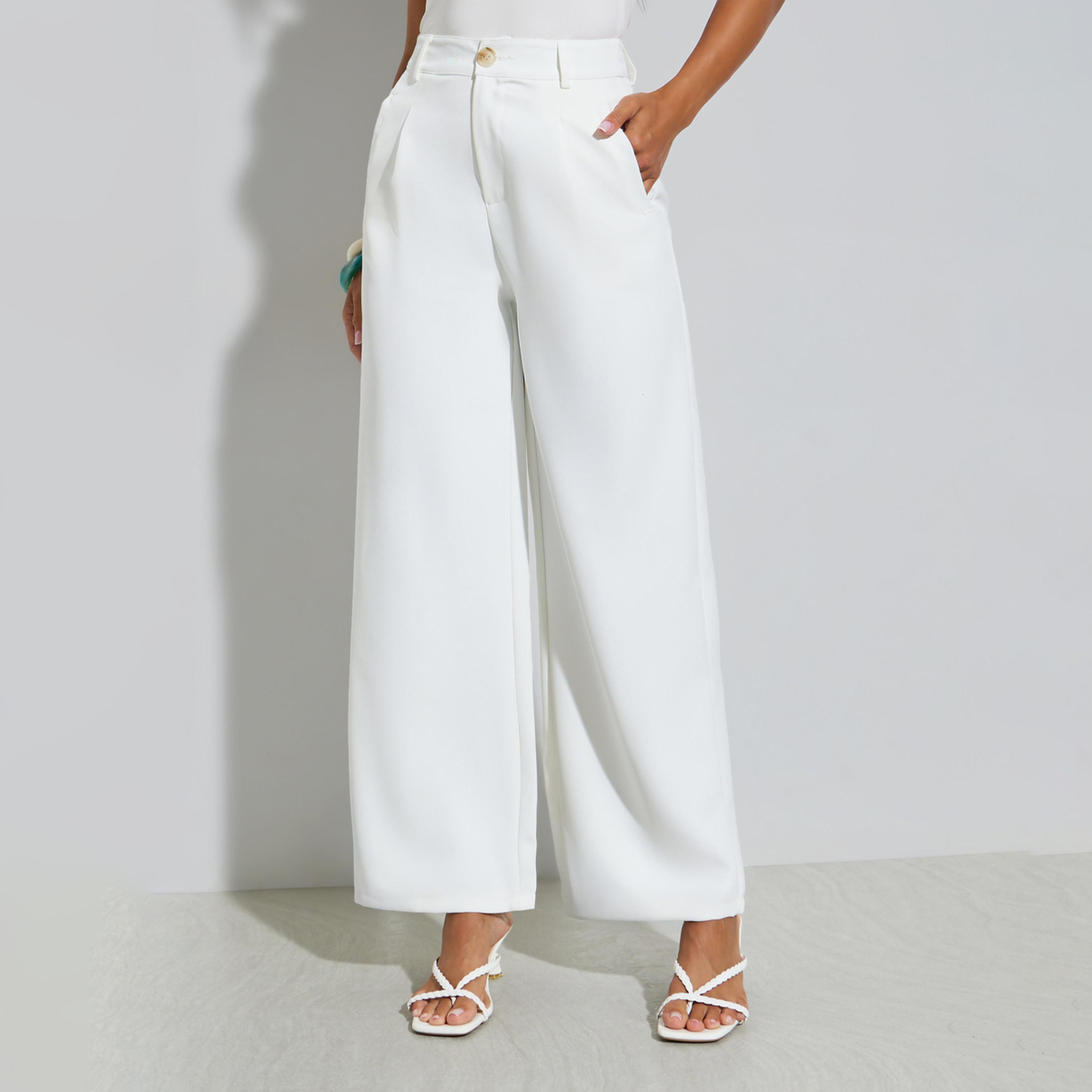 Styli White Wide Leg Pants with Side Pockets-women-clothing-bottoms-trousers-image-1