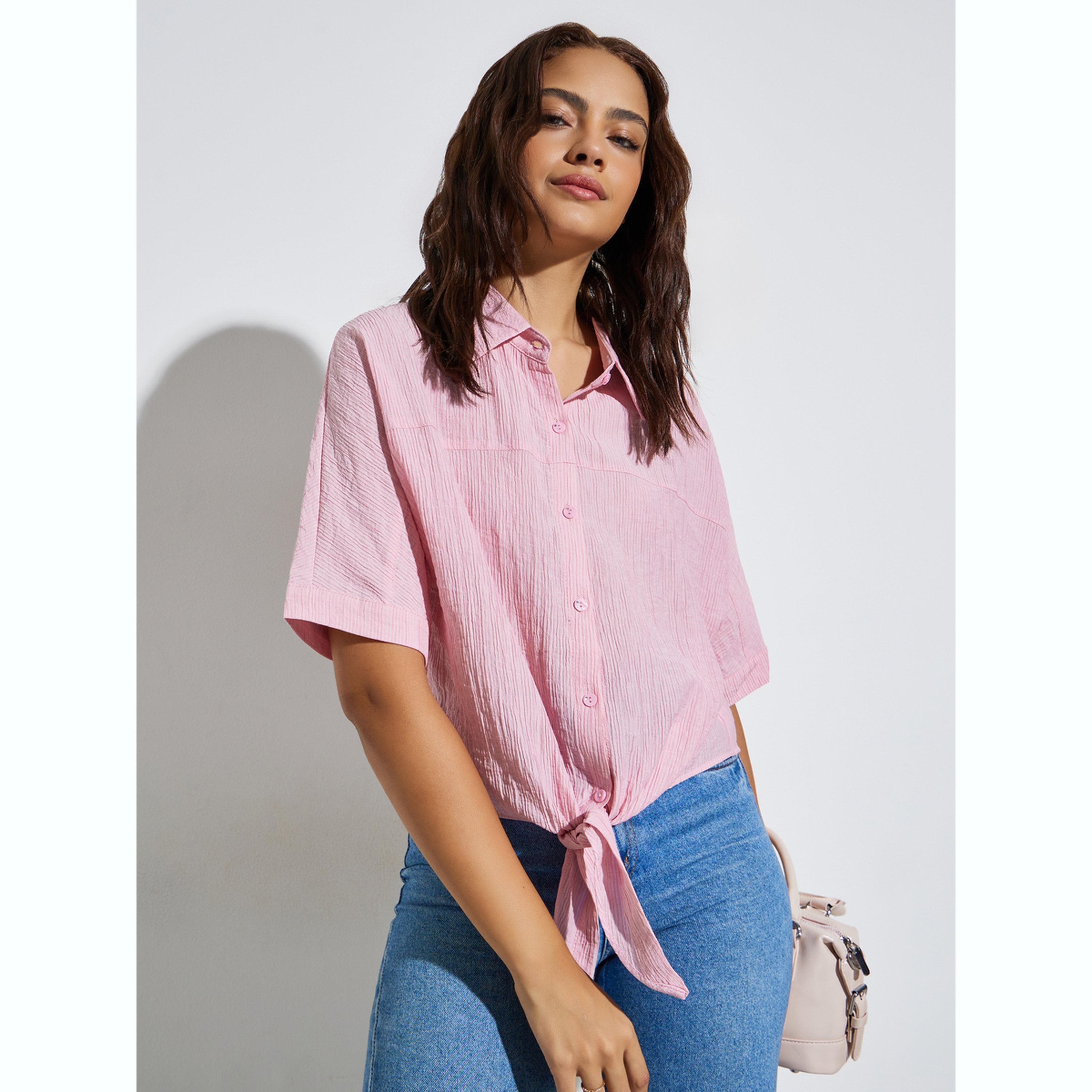 بلوزة بتفاصيل بارزة الملمس ورباط أمامي-women-clothing-shirtsandblouses-blouses-image-1
