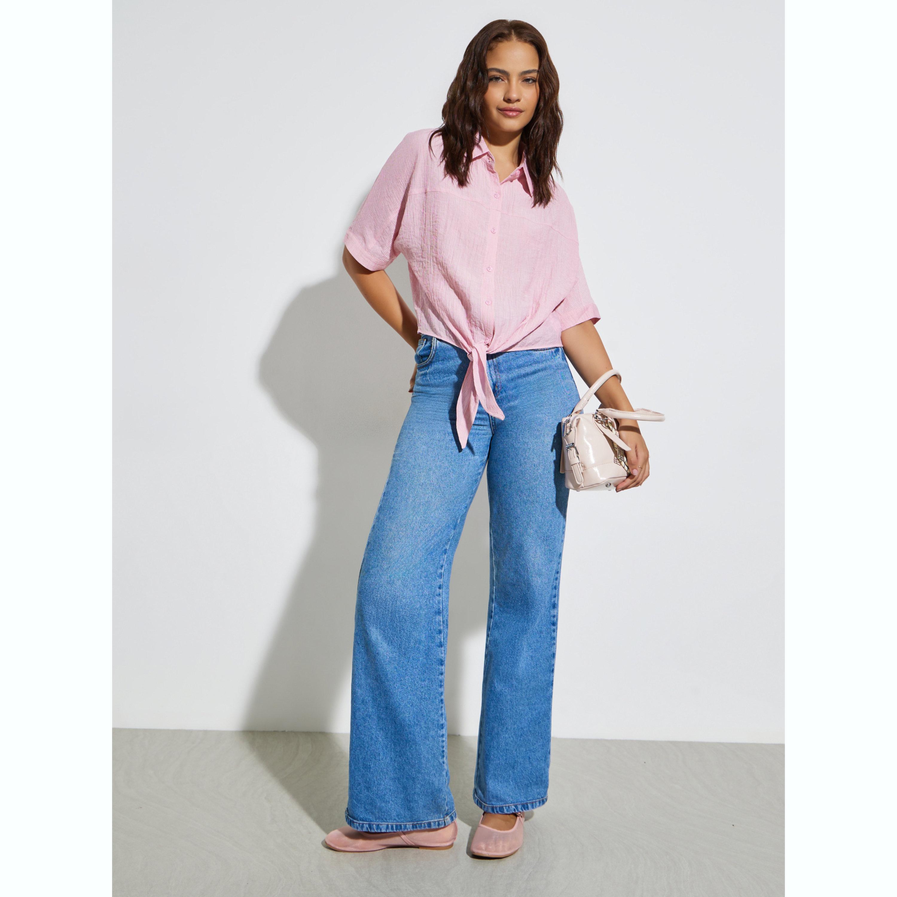 بلوزة بتفاصيل بارزة الملمس ورباط أمامي-women-clothing-shirtsandblouses-blouses-image-2