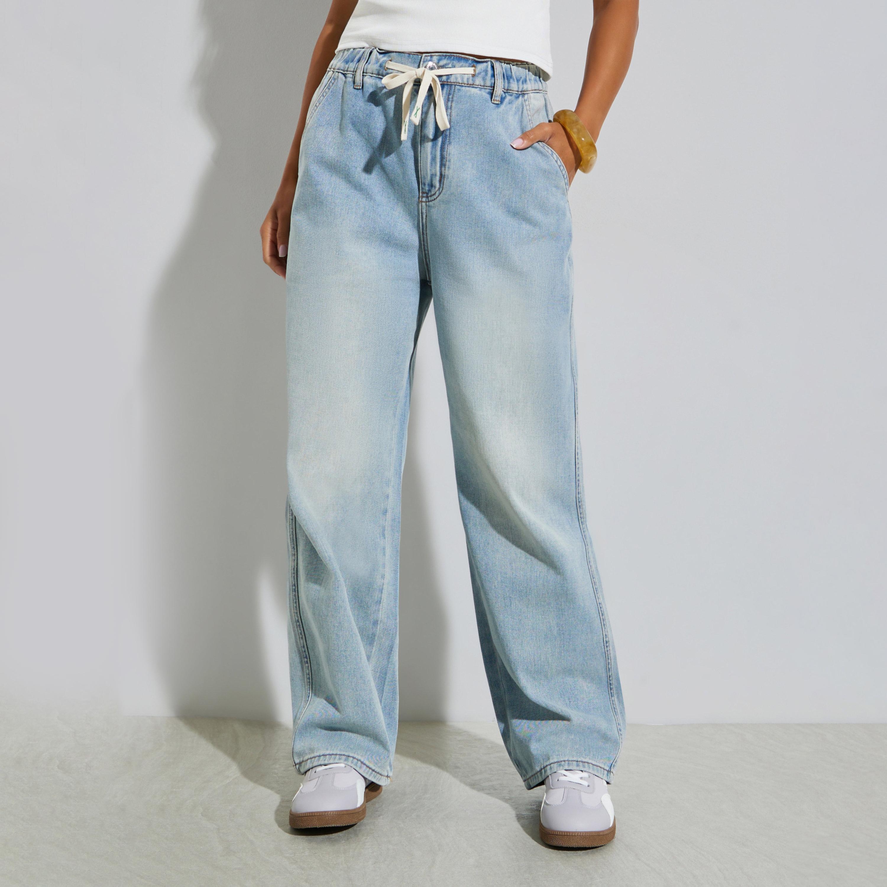 Styli Women Wide Leg Mid Rise Jeans  with Drawstring-women-clothing-bottoms-jeans-image-1