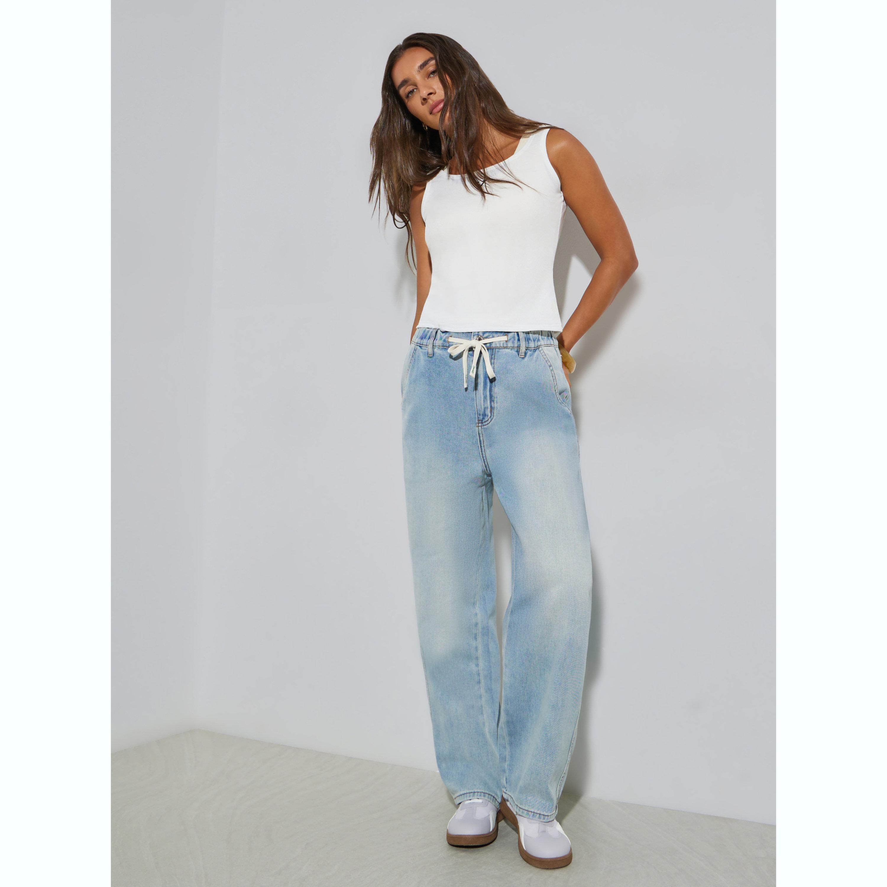 Styli Women Wide Leg Mid Rise Jeans  with Drawstring-women-clothing-bottoms-jeans-image-2