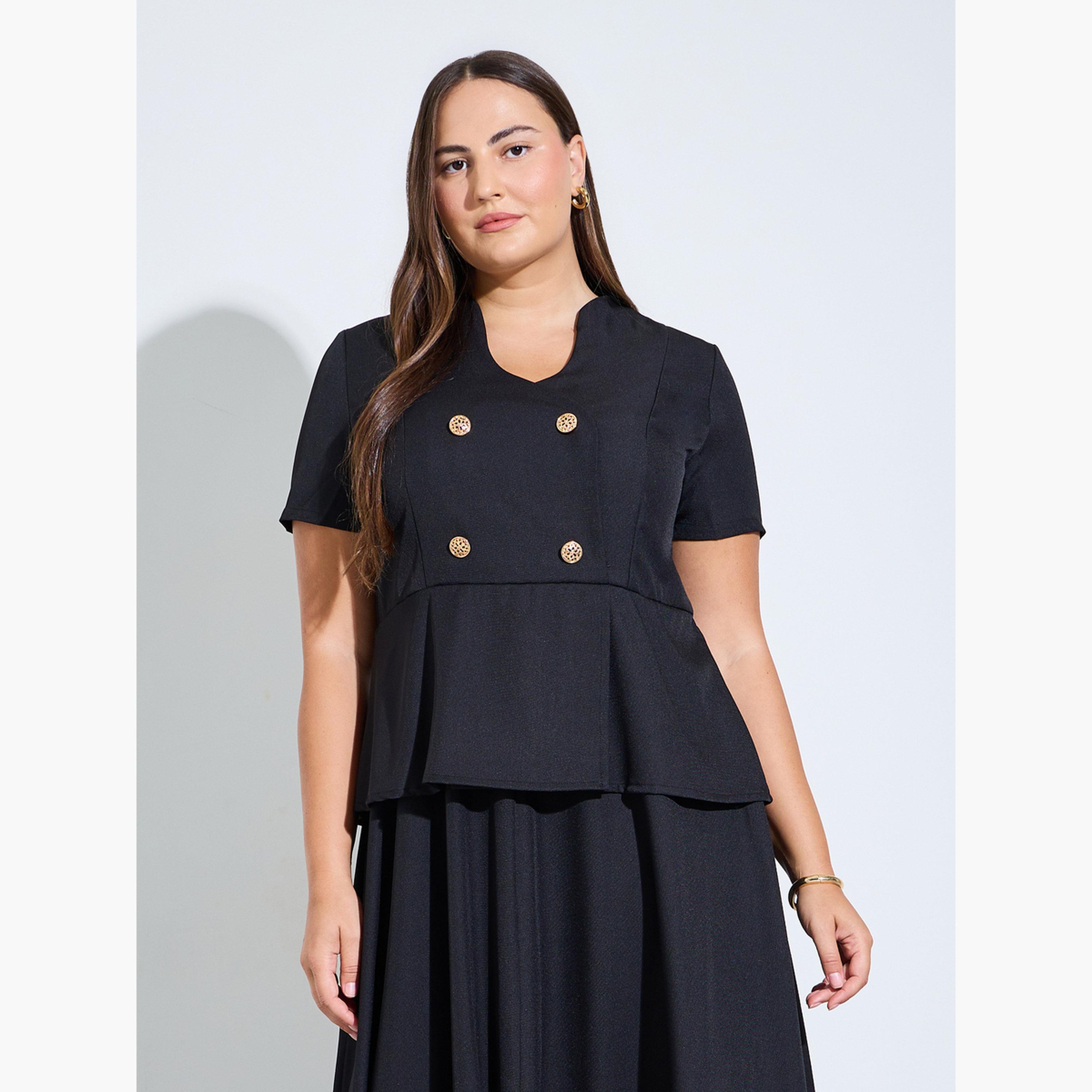 فستان طويل بتفاصيل صفين من الأزرار وبحافة واسعة بمقاس كبير-women-clothing-dresses-image-2
