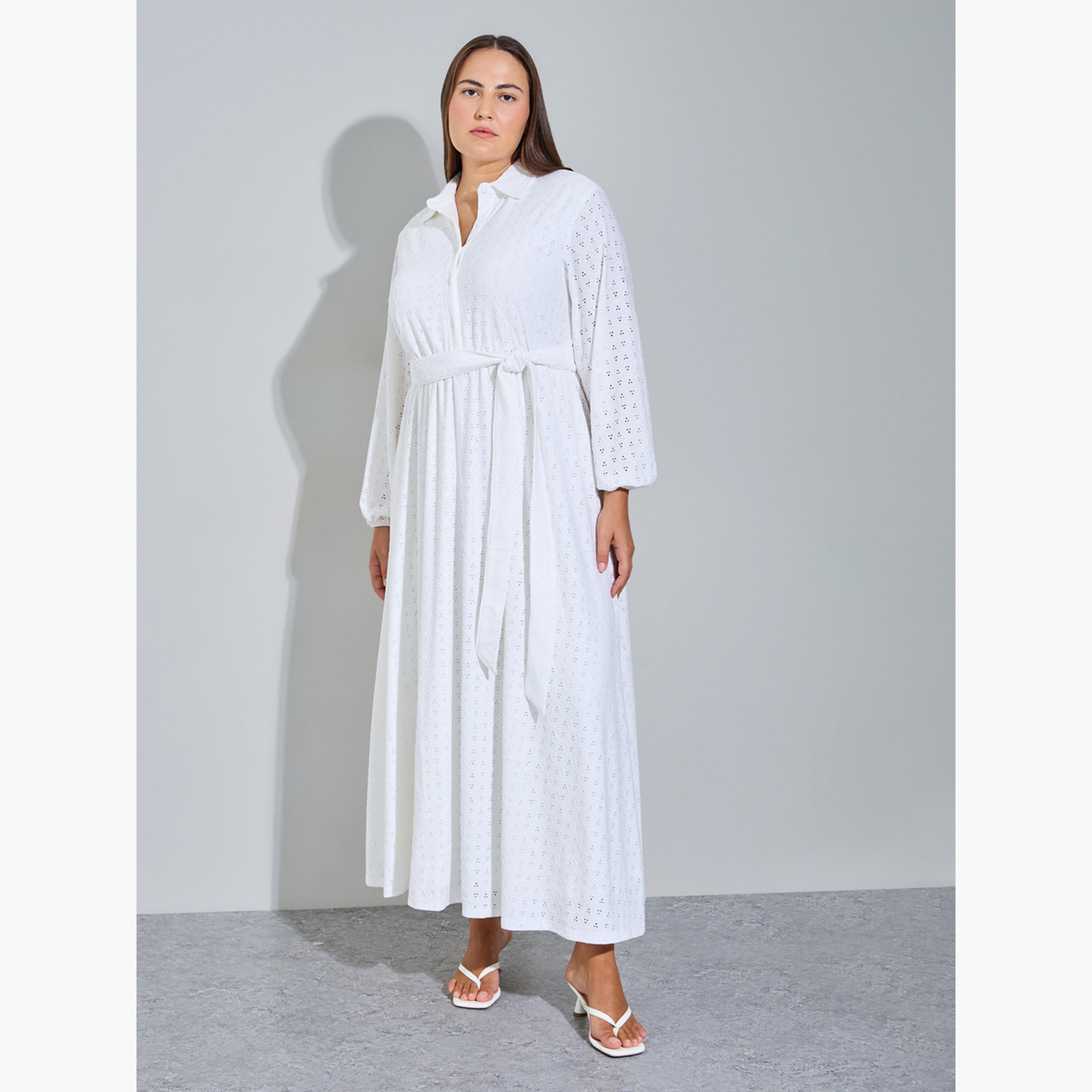 فستان طويل قميص بتفاصيل ثقوب بمقاس كبير-women-clothing-dresses-image-1
