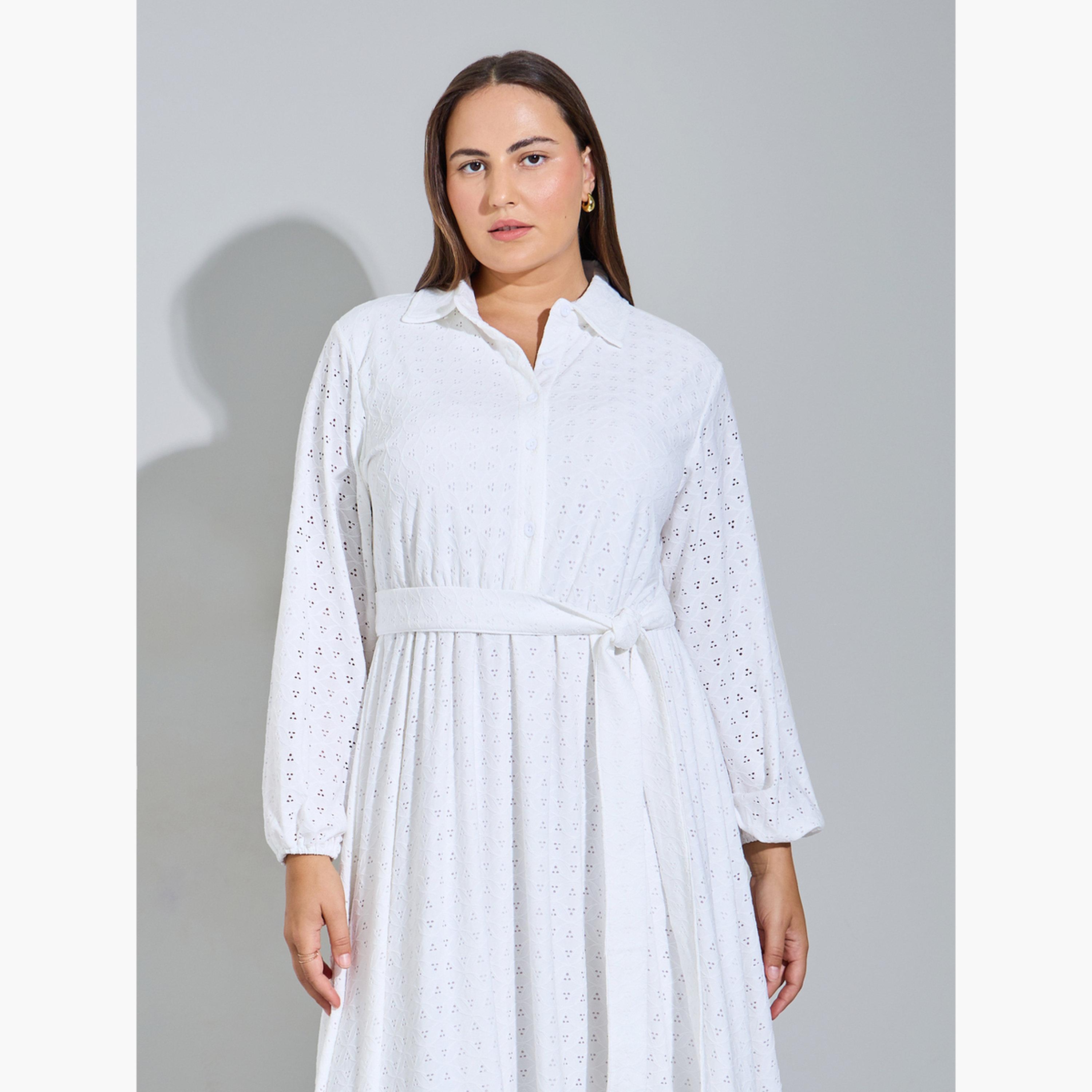فستان طويل قميص بتفاصيل ثقوب بمقاس كبير-women-clothing-dresses-image-2