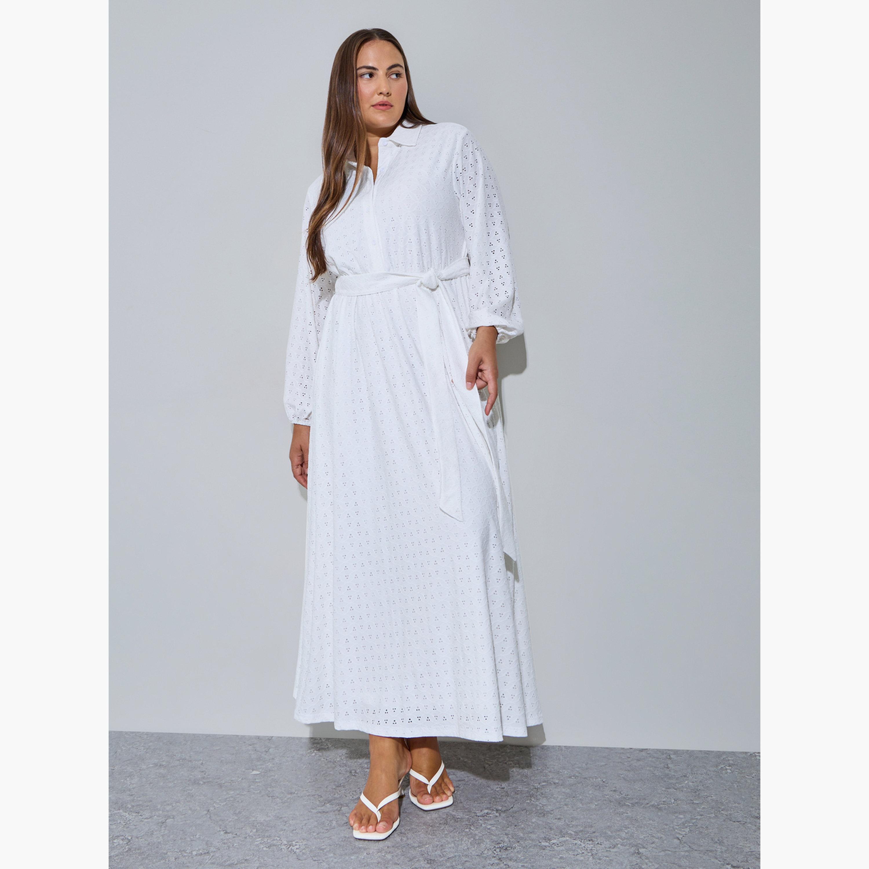 فستان طويل قميص بتفاصيل ثقوب بمقاس كبير-women-clothing-dresses-image-3