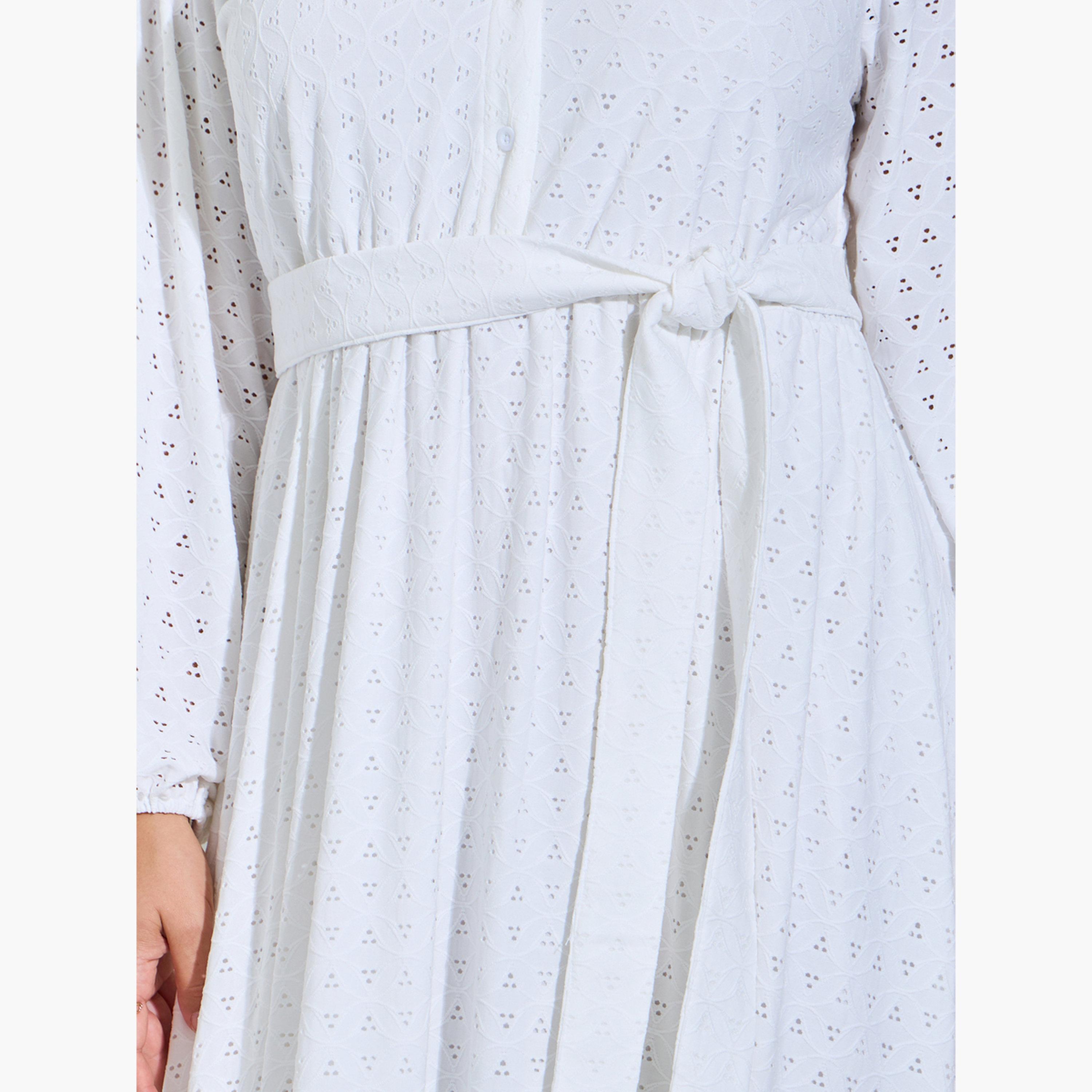 فستان طويل قميص بتفاصيل ثقوب بمقاس كبير-women-clothing-dresses-image-5