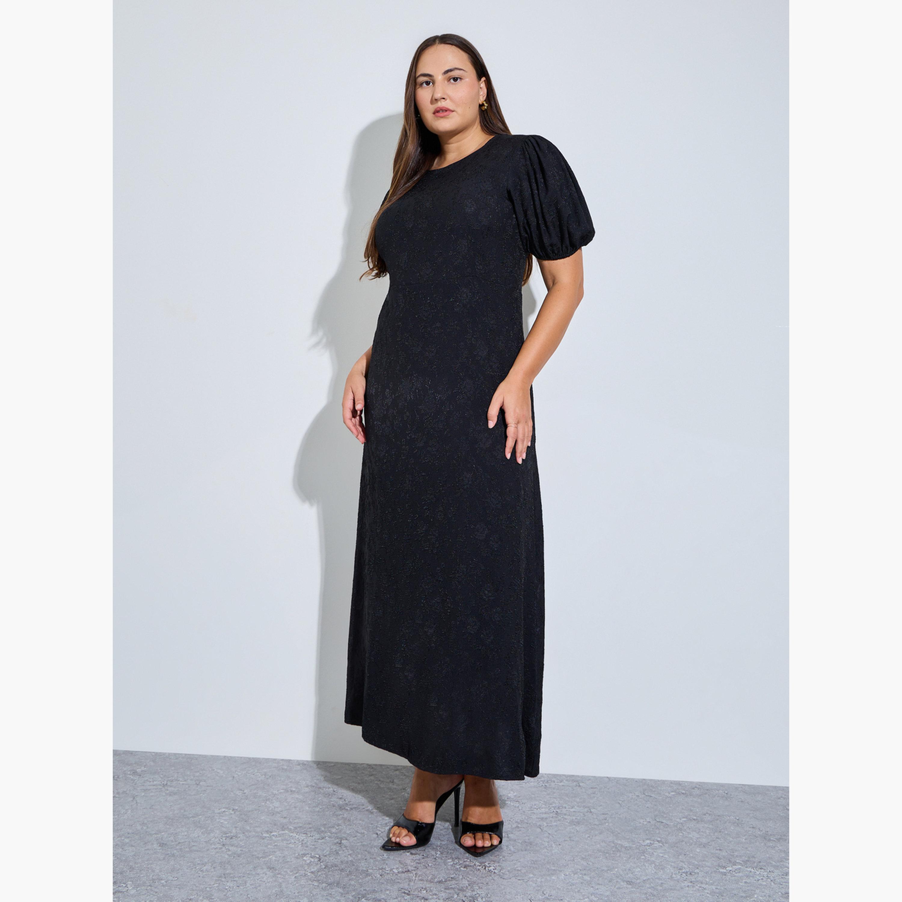Styli Plus Size Black Puff Sleeves Textured A-Line Maxi Dress-women-clothing-dresses-image-1