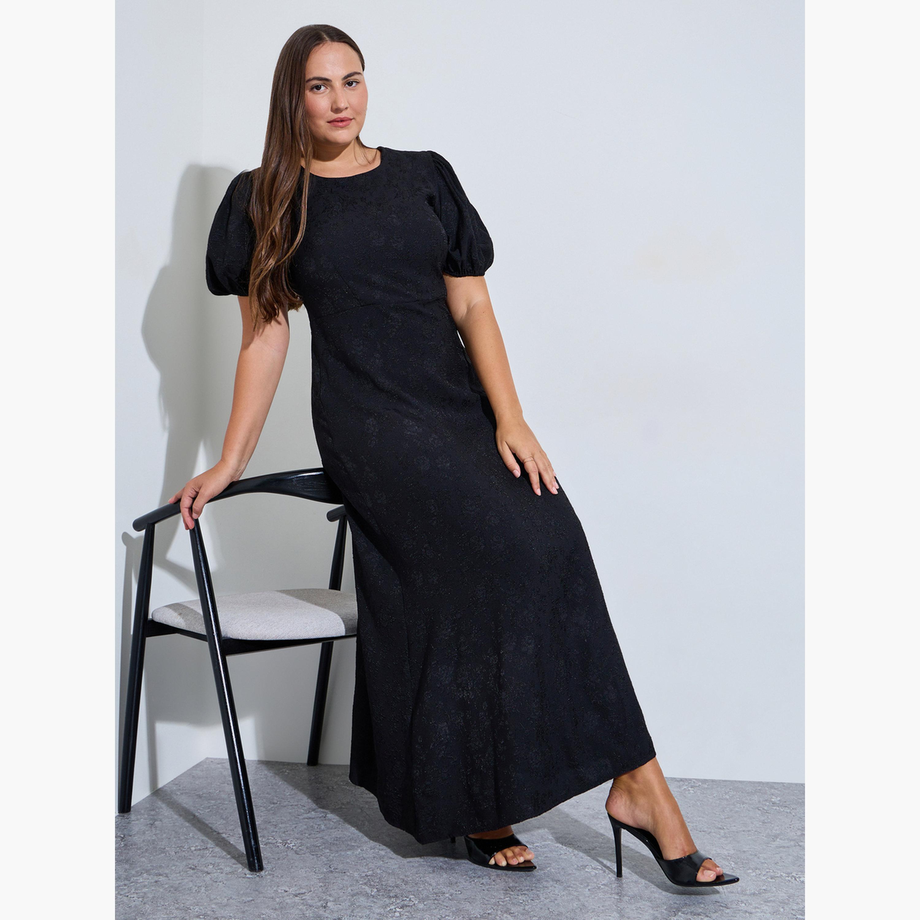Styli Plus Size Black Puff Sleeves Textured A-Line Maxi Dress-women-clothing-dresses-image-3